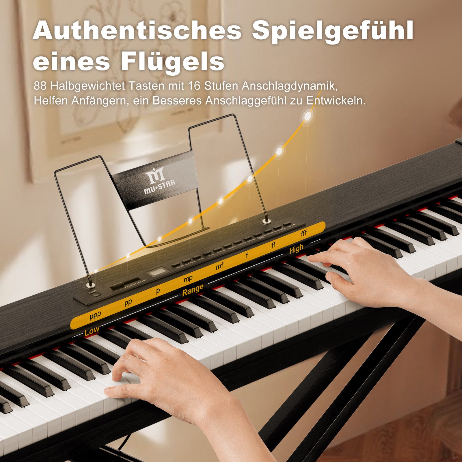 MUSTAR Digitalpiano 88 Tasten mit halbgewichteten Tasten und Bluetooth (mit Pianobank), Portables E-Piano Set mit Sustain Pedal, Ständer und Tragetasche – Bild 4 von 5