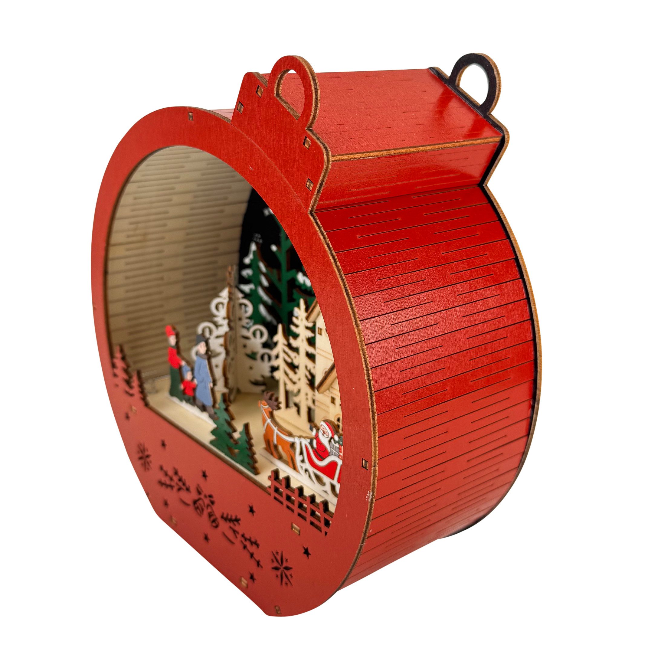 Online-Fuchs Weihnachtsdorf in einer großen Weihnachtskugel aus Holz mit LED-Beleuchtung - Deko, inklusive praktischer 6-Stunden Timerfunktion – Bild 3 von 4