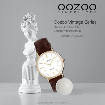 OOZOO Quarzuhr Oozoo Damen Armbanduhr Vintage, Damenuhr rund, mittel (ca. 32mm), Lederarmband braun, Fashion