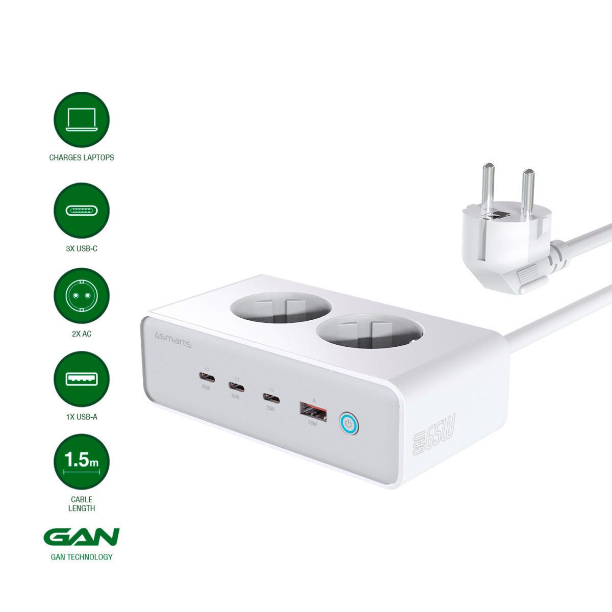 4smarts Desk Charger GaN 65W mit AC-Steckdosen Universal-Ladegerät