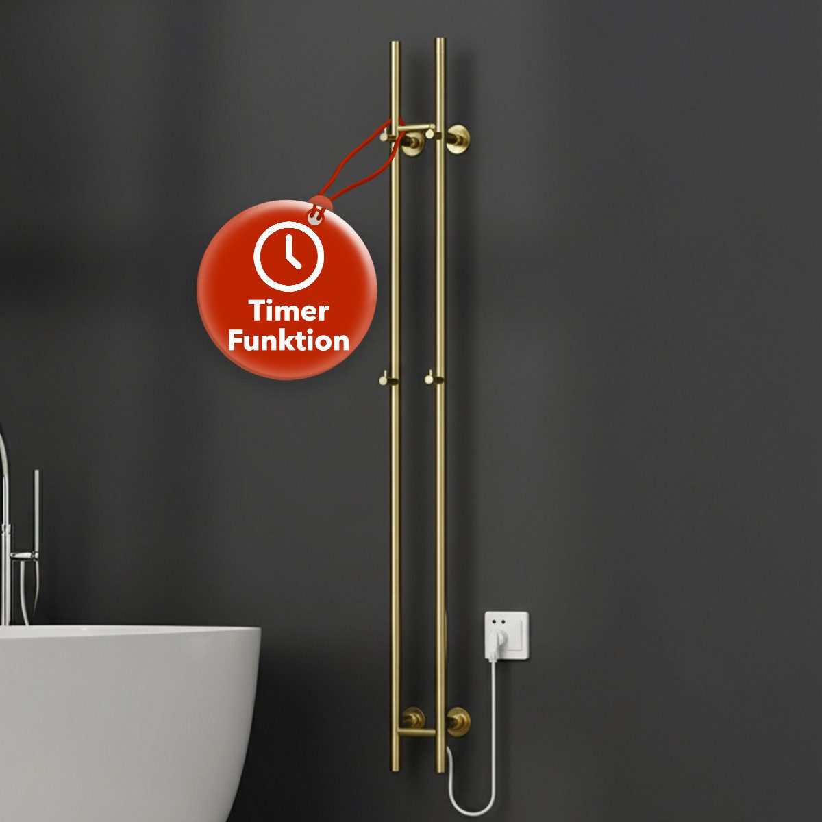 Belvit Elektrischer Badheizkörper Handtuchwärmer 150x17 cm mit 4 Handtuchhaken mit Timer & 2 Heizstufen, 120W, Wandmontage mit Montagematerial, Handtücher trocknen & wärmen