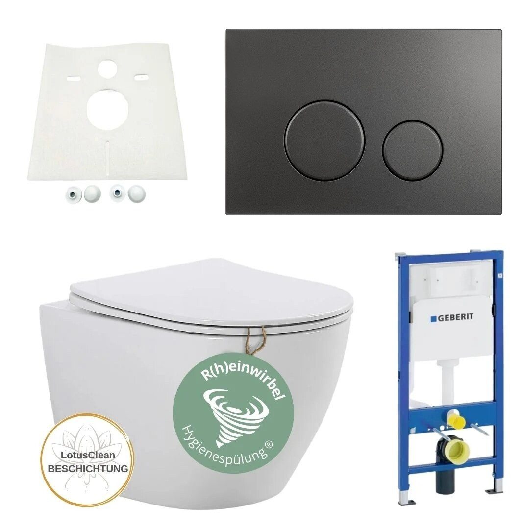 GEBERIT Tiefspül-WC Geberit Spülkasten Riva WC spülrandlos Drückerplatte Grau, Wandmontage