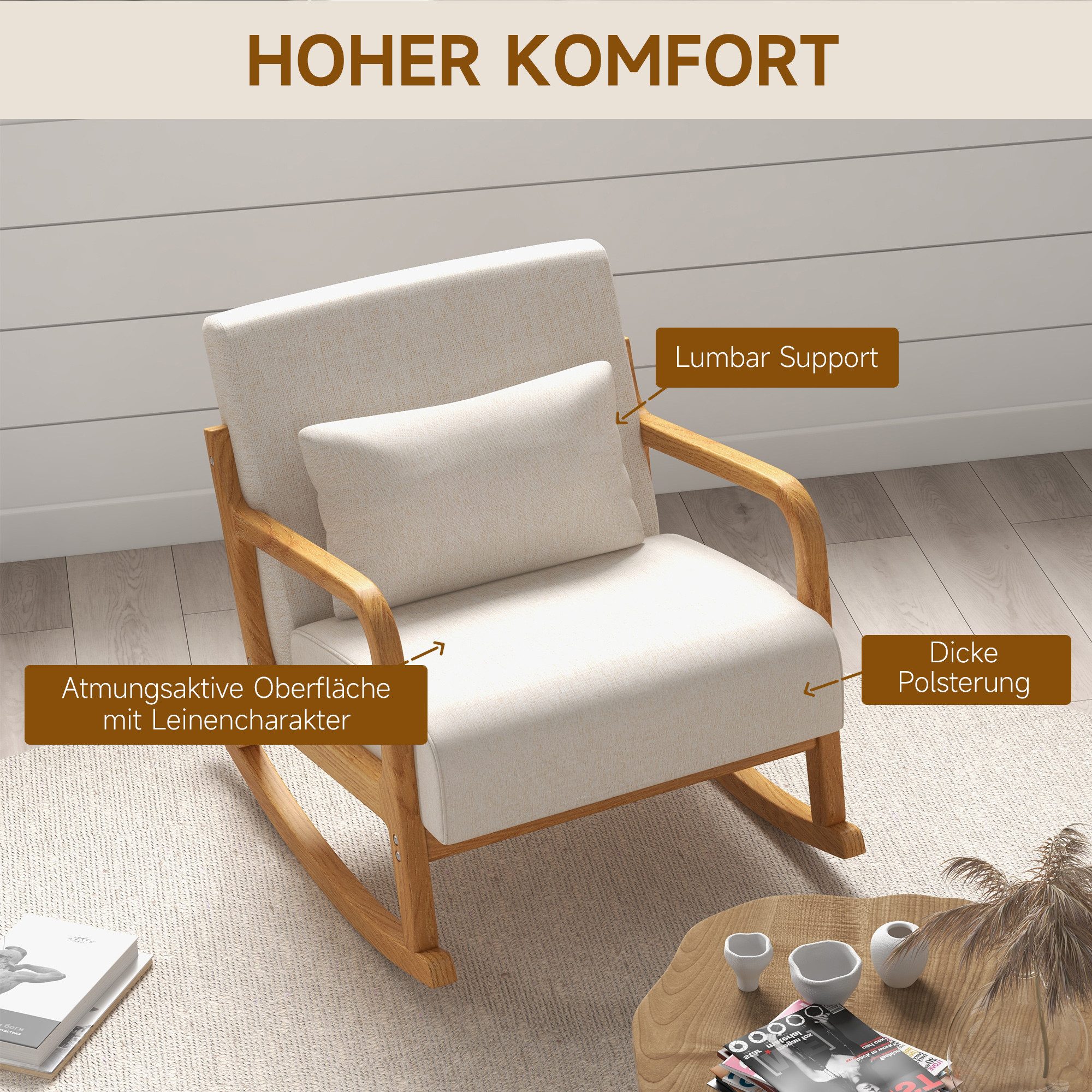 HOMCOM Schaukelstuhl Schwingsessel mit Holzgestell, Relaxsessel mit Armlehne (Schaukelsessel, 1 St), für Schlafzimmer, Wohnzimmer, Creme – Bild 5 von 5