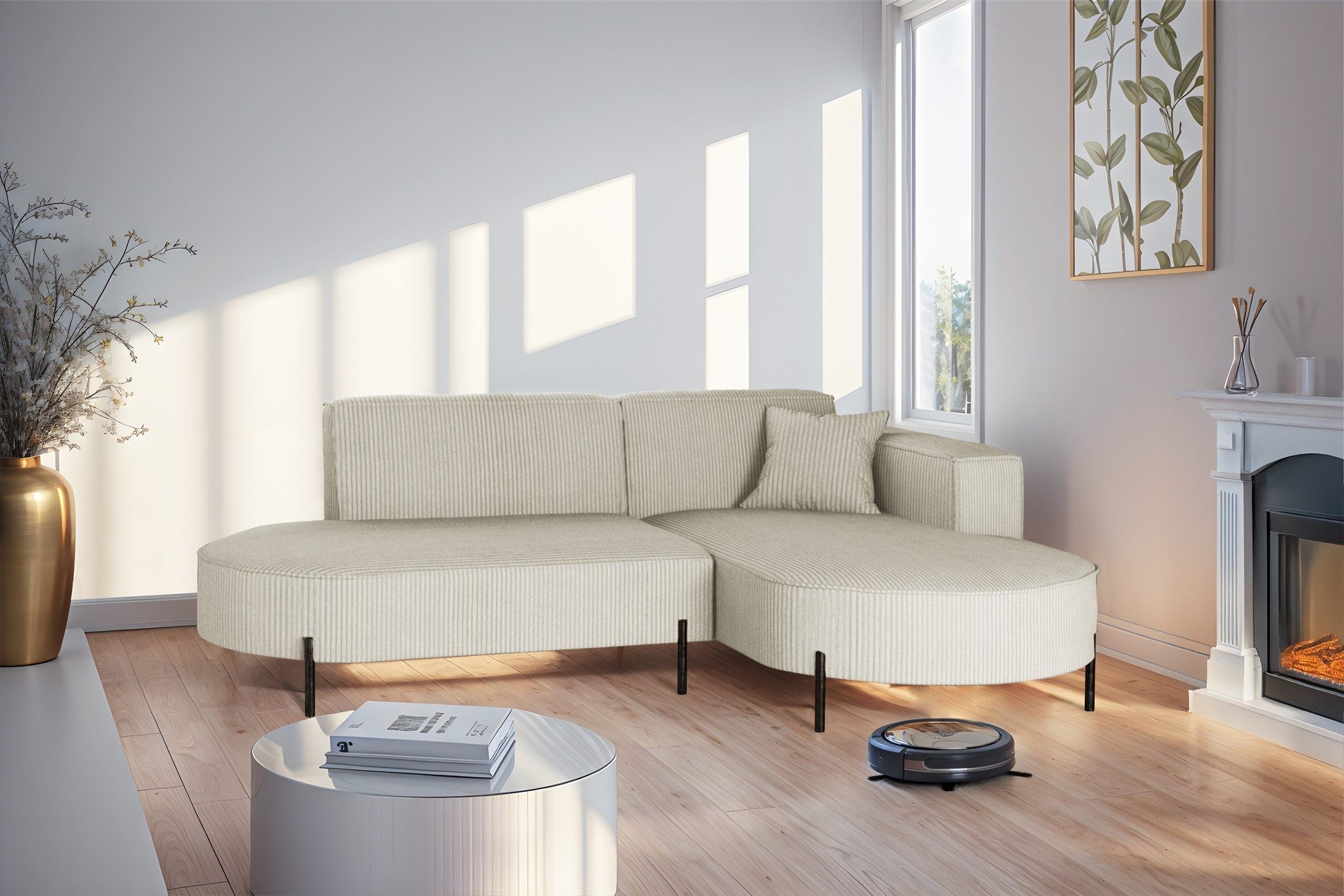 Fun Möbel Ecksofa Designersofa Sofa FUN MALAGA XS in Stoff Scala, Ottomane Links oder Rechts, Komforthöhe für Saugroboter