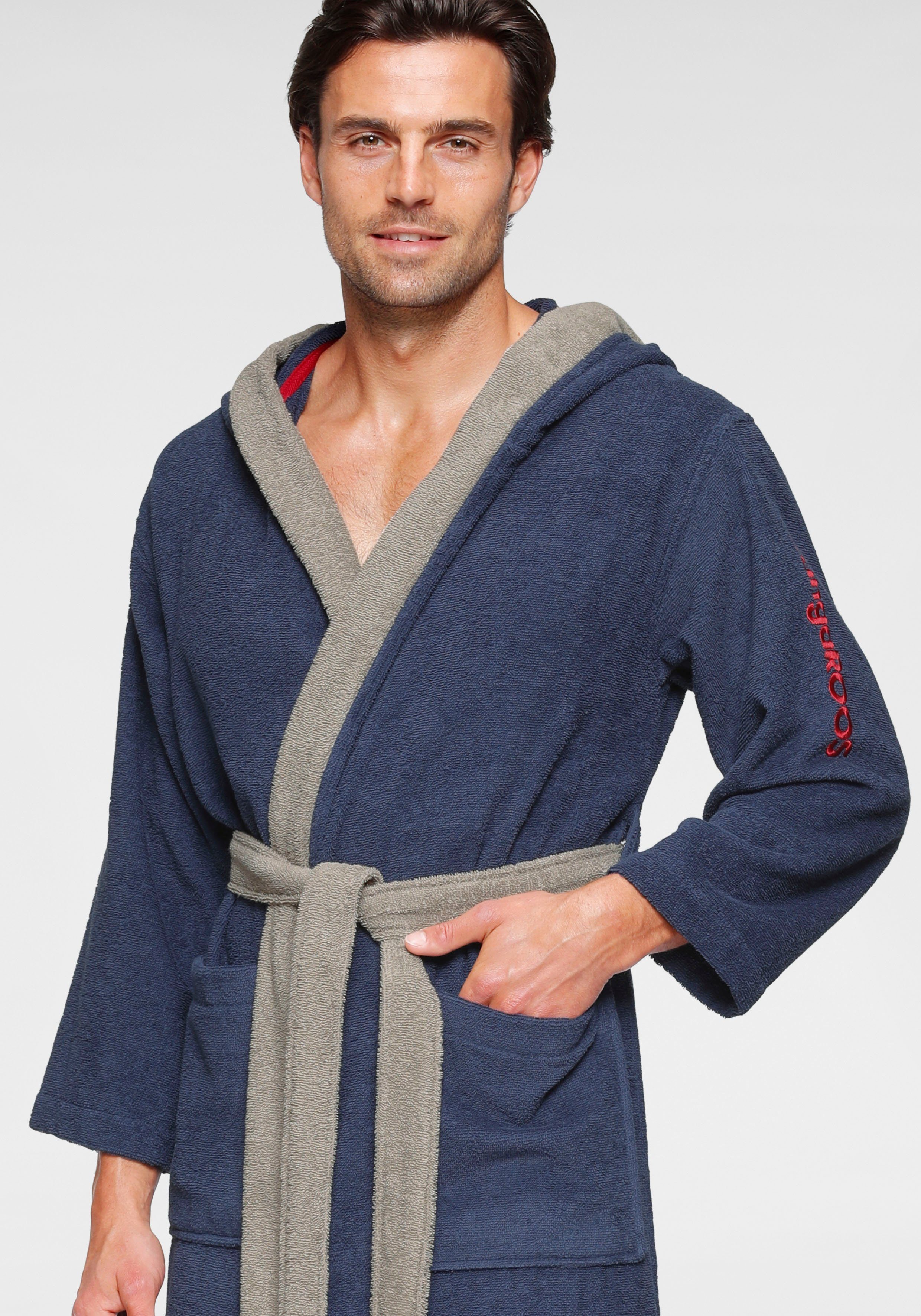 KangaROOS Unisex-Bademantel Henry, ideal für Sauna & Spa, Hotelbademantel, Morgenmantel, Langform, Walkfrottee, Kapuze, Gürtel, Bademäntel für Damen & Herren, Logostickerei, S-3XL