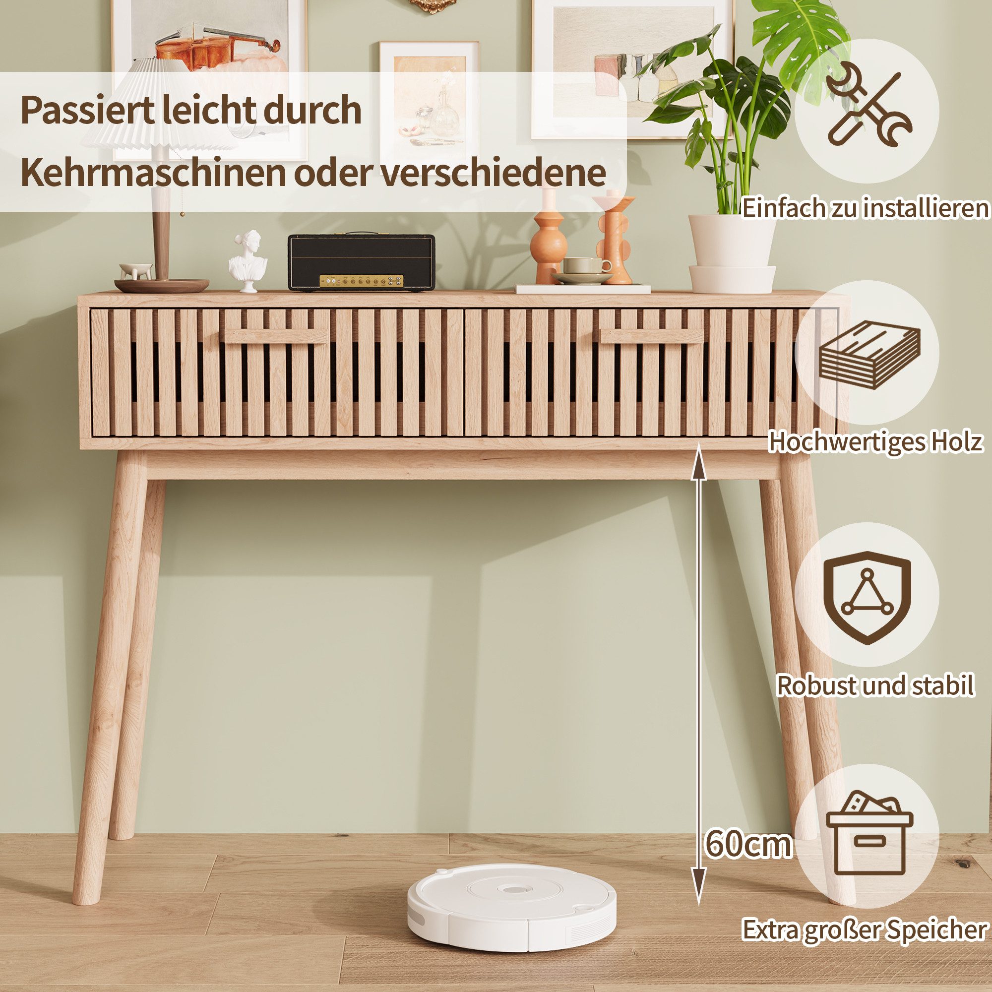BELUPAI Konsolentisch Schminktisch Holz Frisiertisch mit 2 Schubladen (Set, 1-St., Natürliche Schreibtisch), 100 x 35 x 80cm