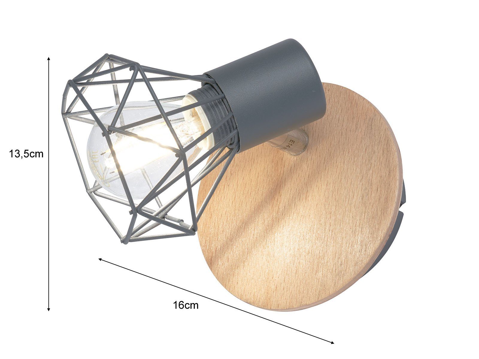 FISCHER & HONSEL LED Wandleuchte, schwenkbar, LED wechselbar, Warmweiß, Aufputz Holz-Lampe mit Gitter Spot-s, Industrial Wand-Strahler Innen