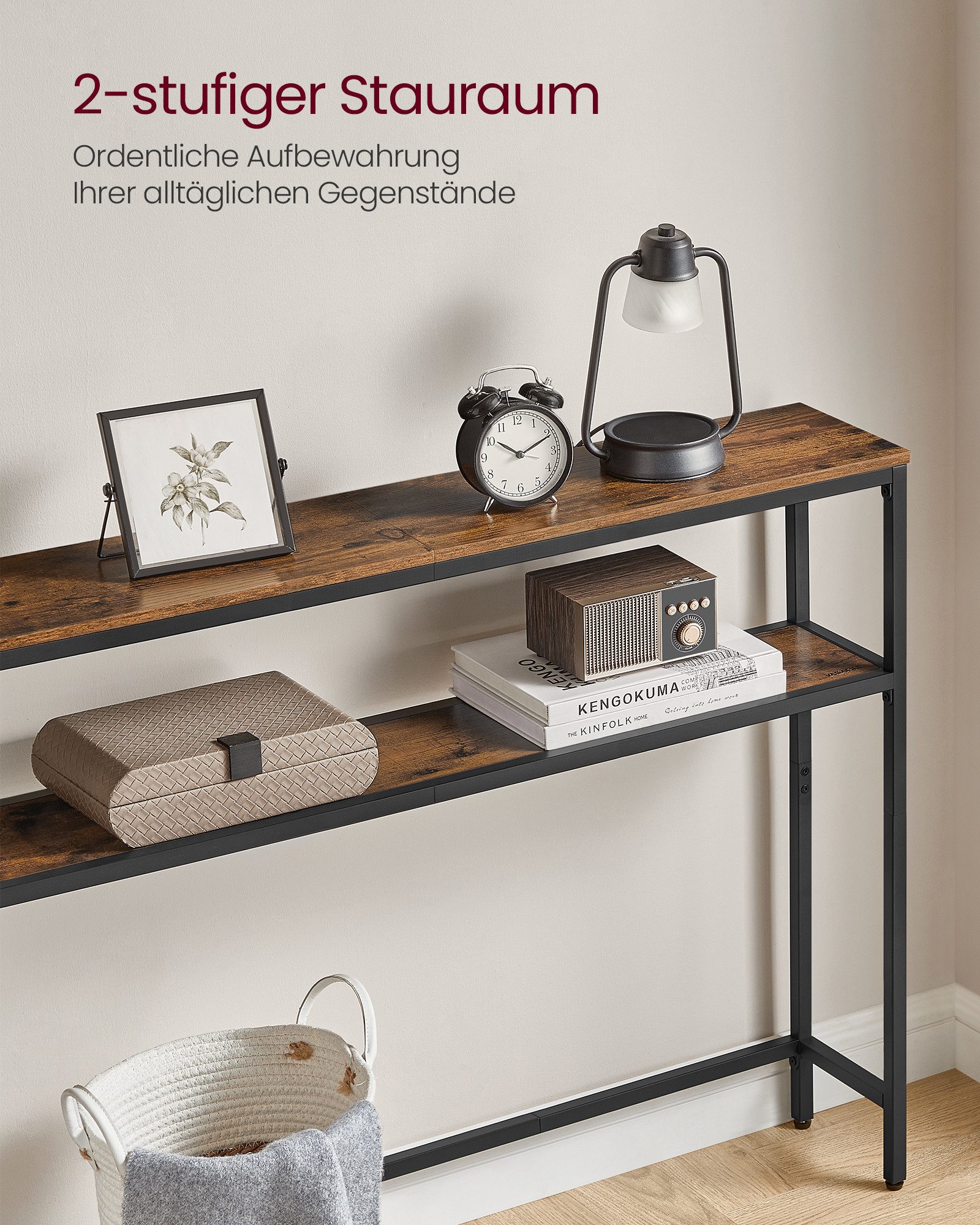 VASAGLE Konsolentisch, Konsolentisch, schmaler Sofatisch mit 2 Ablagen, 80/100/120x80×20cm