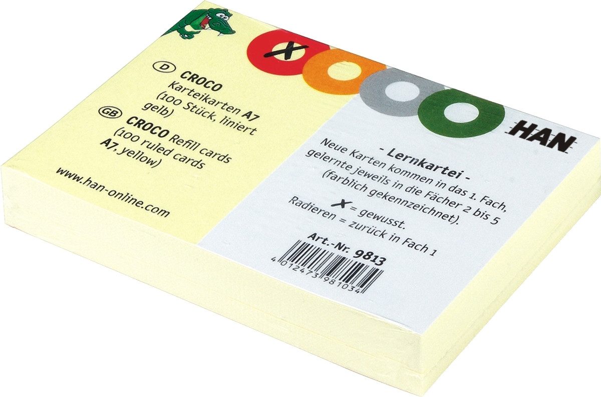 HAN-Bürogeräte Karteikarten Karteikarten für Croco A7 gelb liniert VE=100 Stück
