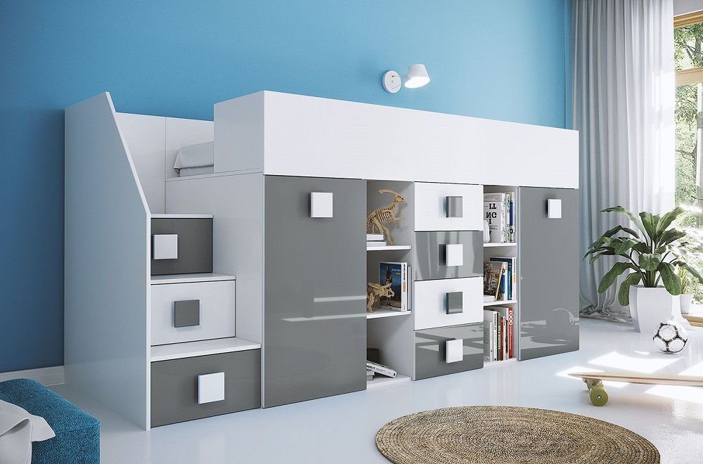 Feldmann-Wohnen Hochbett TOLEDO 3 (Etagenbett mit Schreibtisch + Kleiderschrank) Farbe wählbar - Treppe links weiß / grau Hochglanz - Griffe weiß / grau