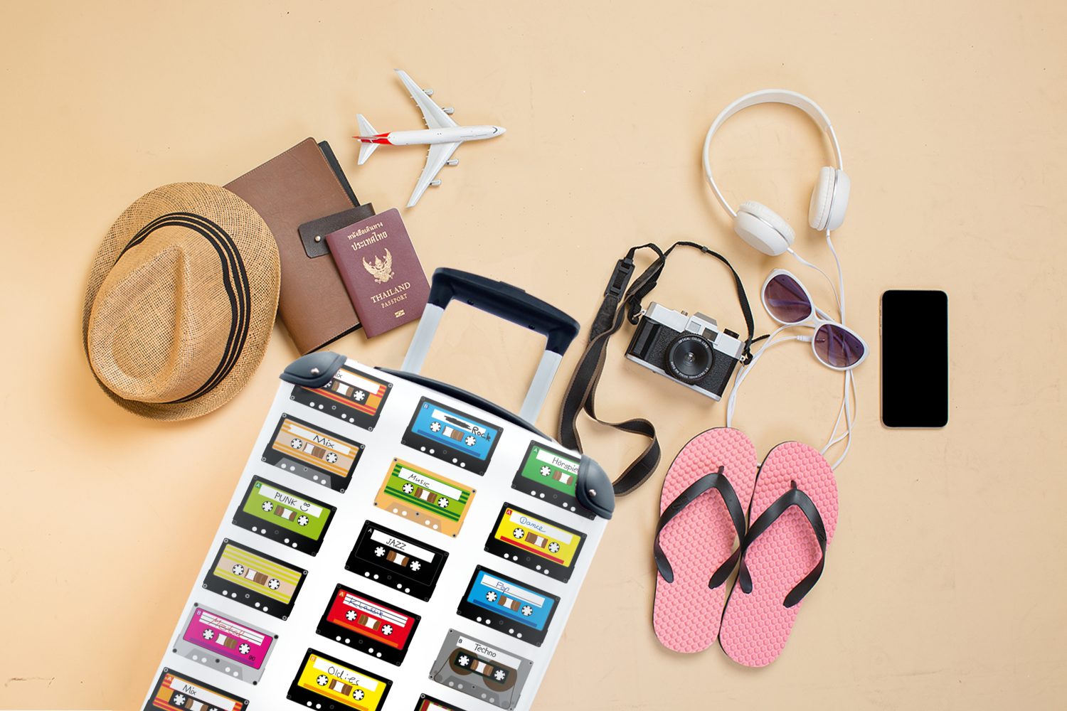 MuchoWow Handgepäckkoffer mit Rollen, Muster 4 rollen, Musik, Reisetasche Reisekoffer Ferien, Trolley, - - für Kassettenkassetten Handgepäck