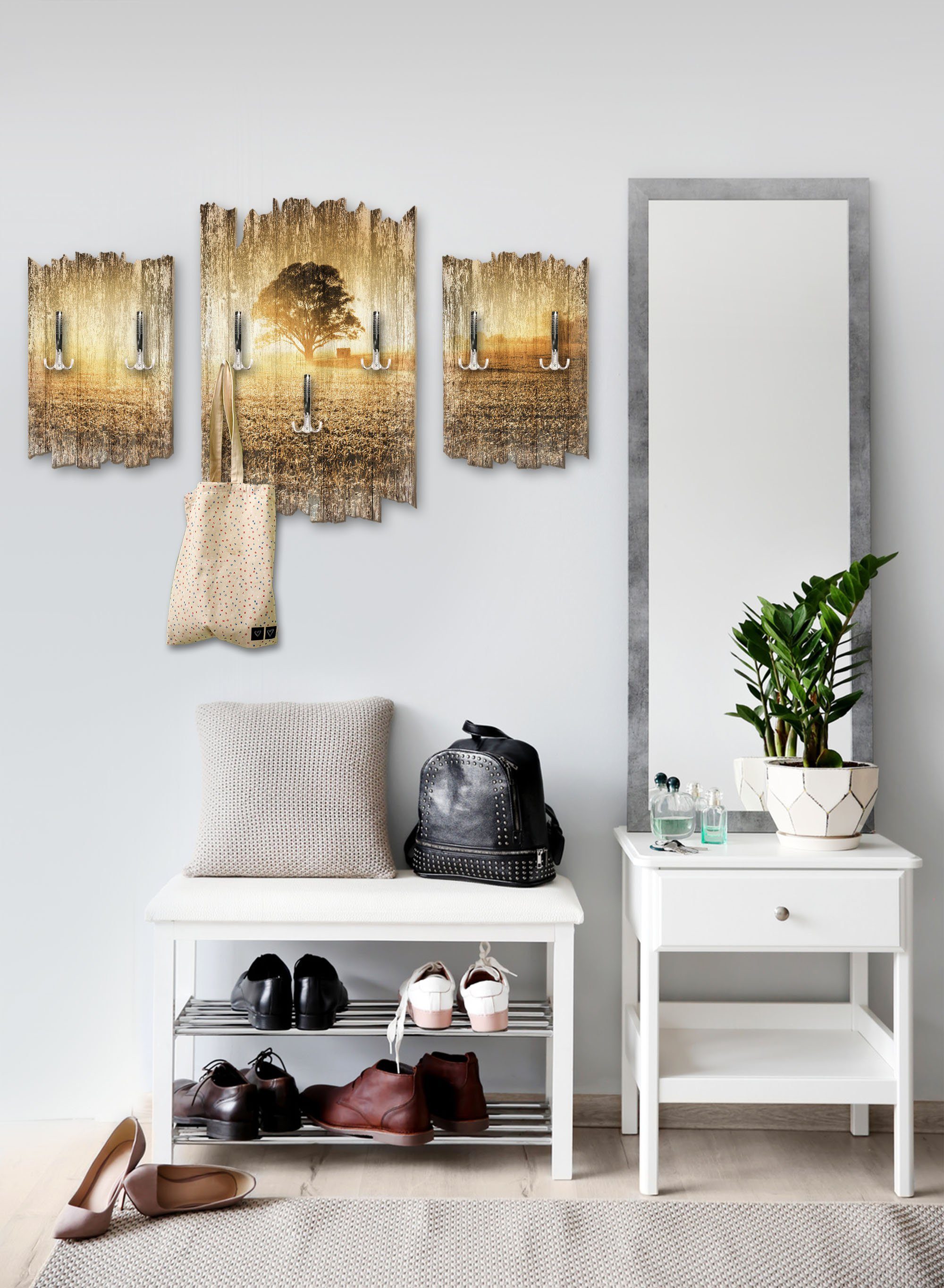 Kreative Feder Wandgarderobe Einzelner Baum, Dreiteilige Wandgarderobe aus Holz