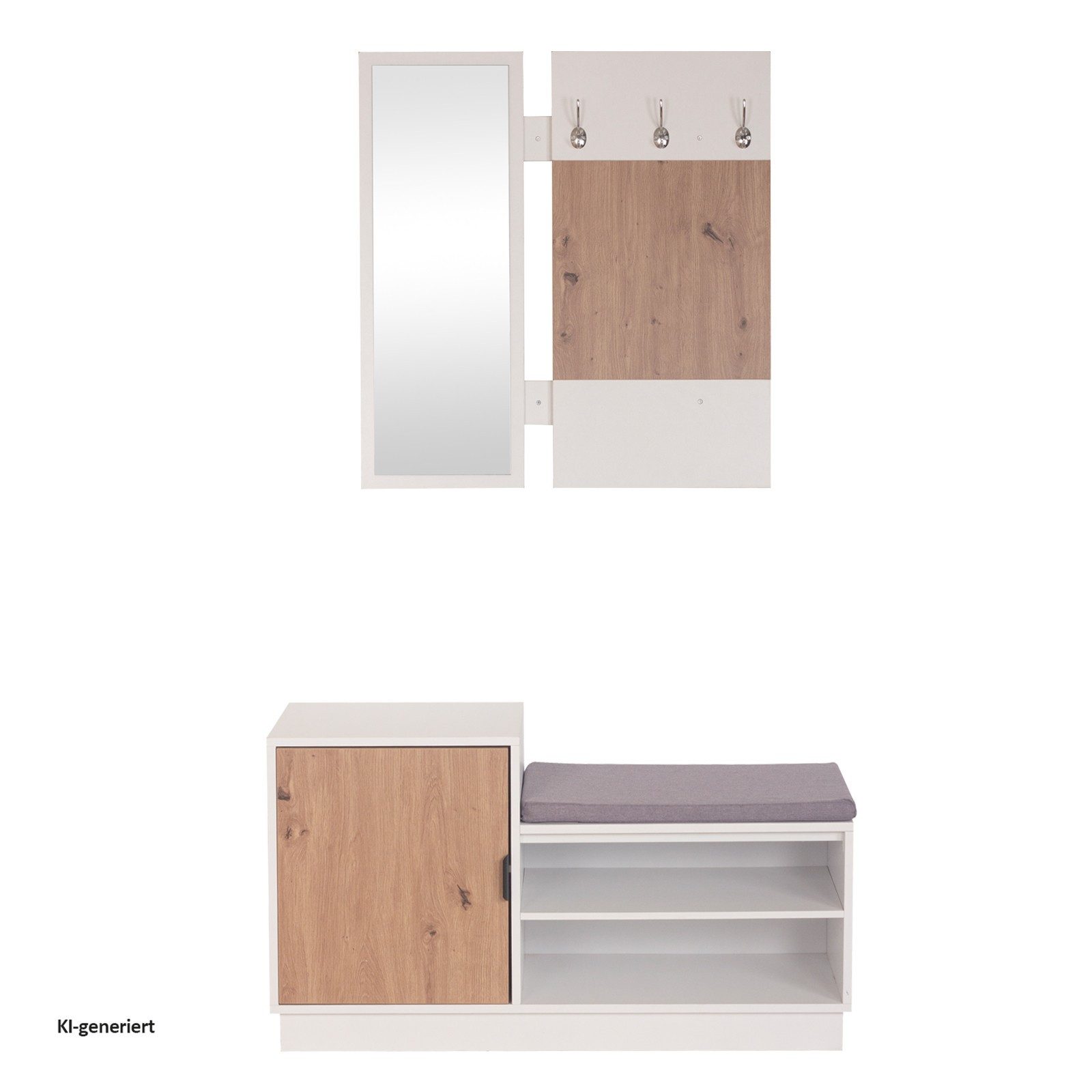 HTI-Living Garderobe Garderobenpaneel mit Spiegel und Schuhbank (Set, 2 St., 1 Garderobenpaneel mit Spiegel, 1 Schuhbank), Set Wandgarderobe und Schuhregal mit Sitzkissen