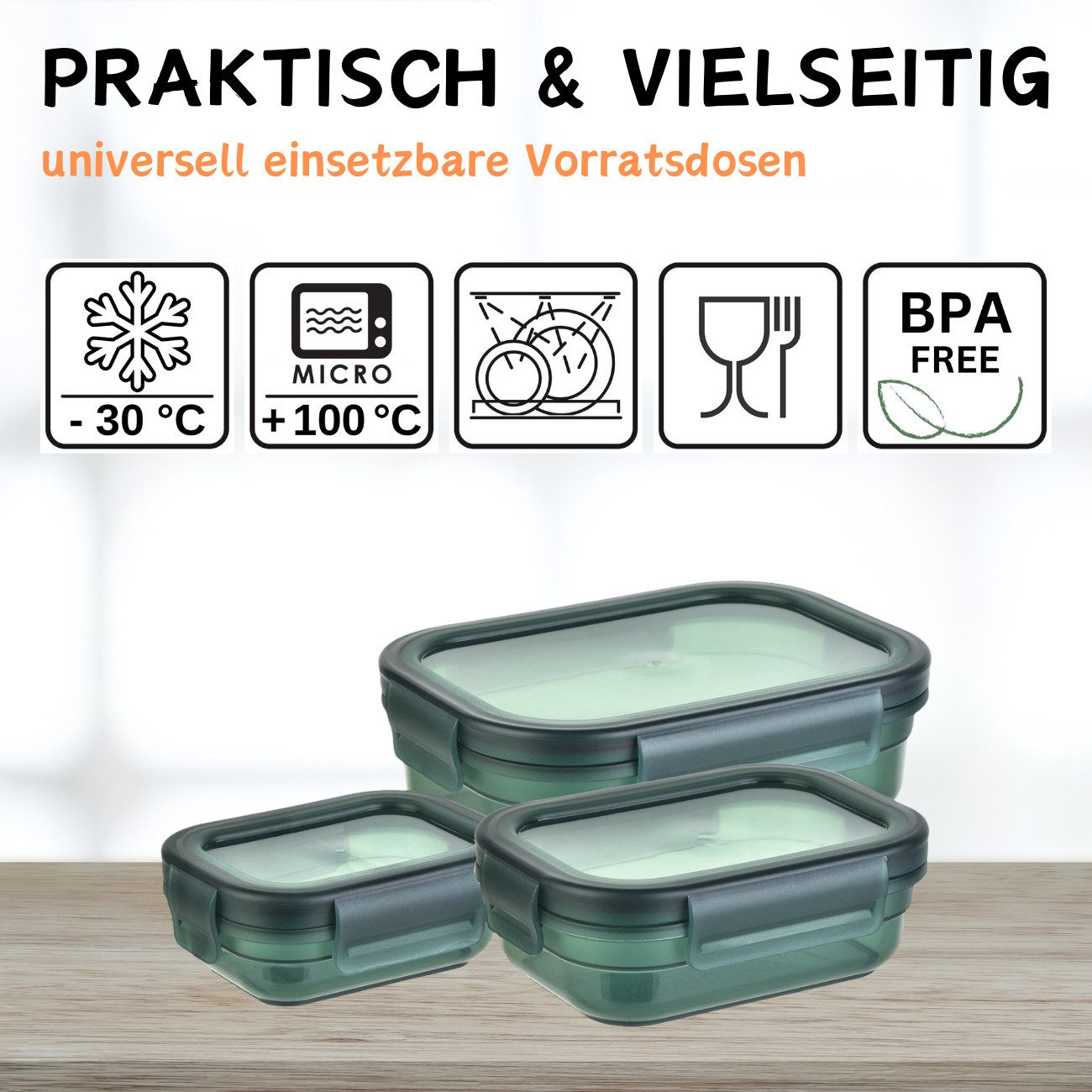 Engelland Frischhaltedose 3er Set Aufbewahrungsdosen mit Deckel, Vorratsdose, Frischhaltedose, Kunststoff/Silikon, (Vorteils-Set, 3-tlg., 0,2 L / 0,5 L / 1,0 L) – Bild 5 von 5