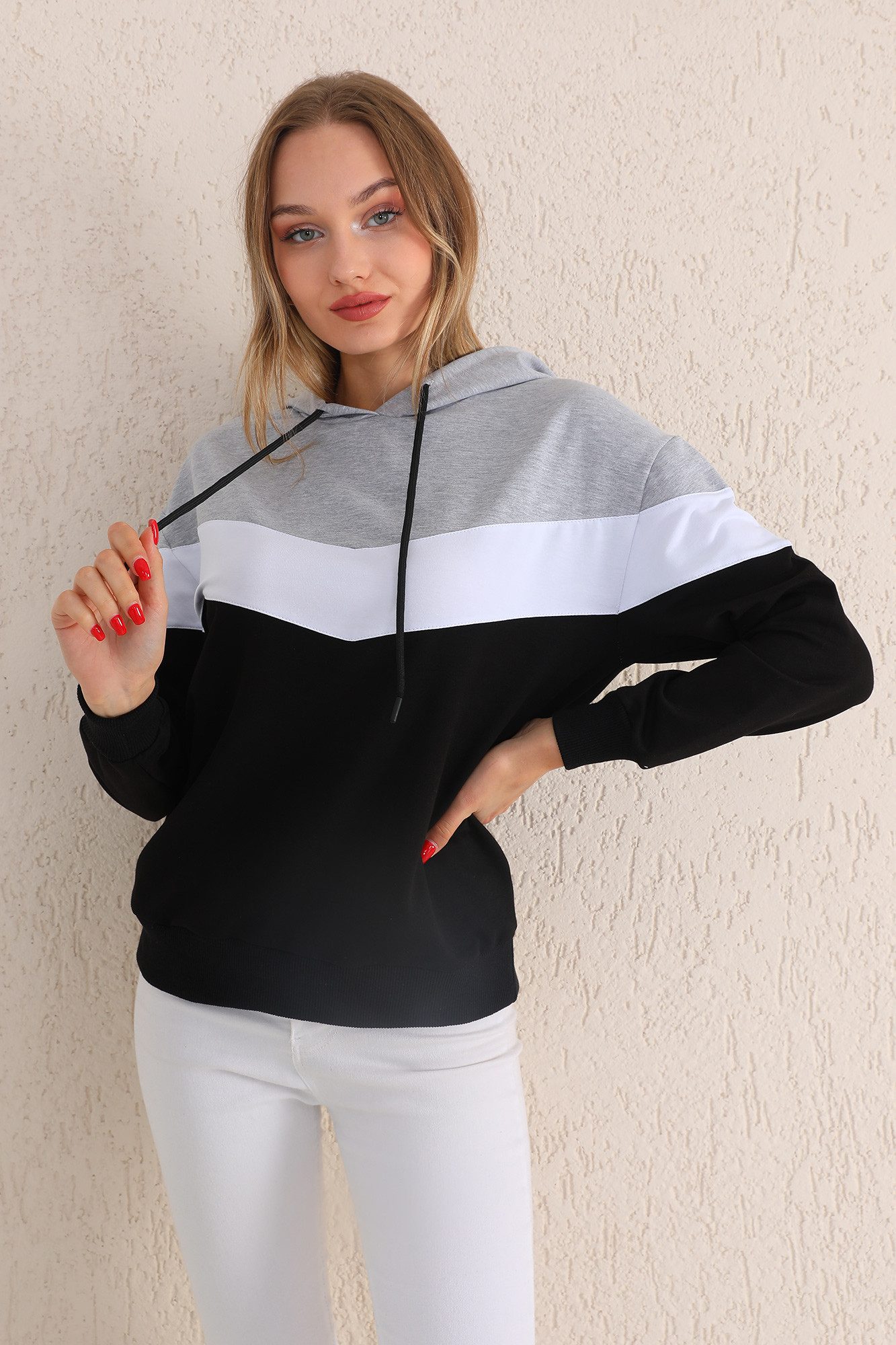 Bongual Kapuzensweatshirt Longsleeve Sweatshirt Hoodie Zickzack Farbblock günstig online kaufen