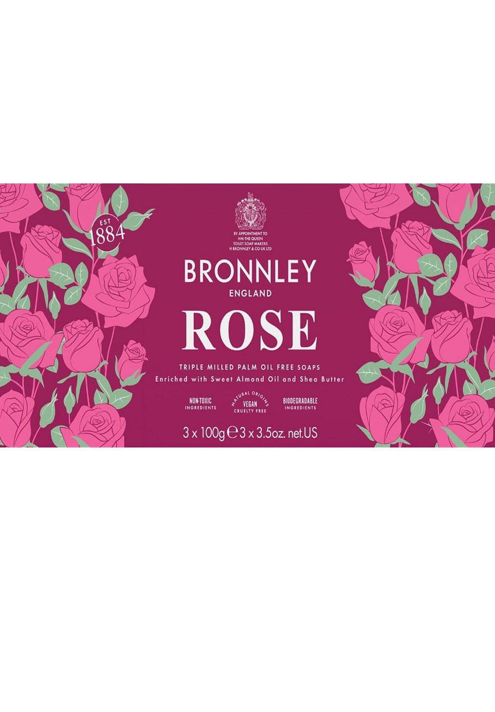 Bronnley Handseife Rose 300 g, Triple Milled Soap in Geschenkbox 3x100 g
