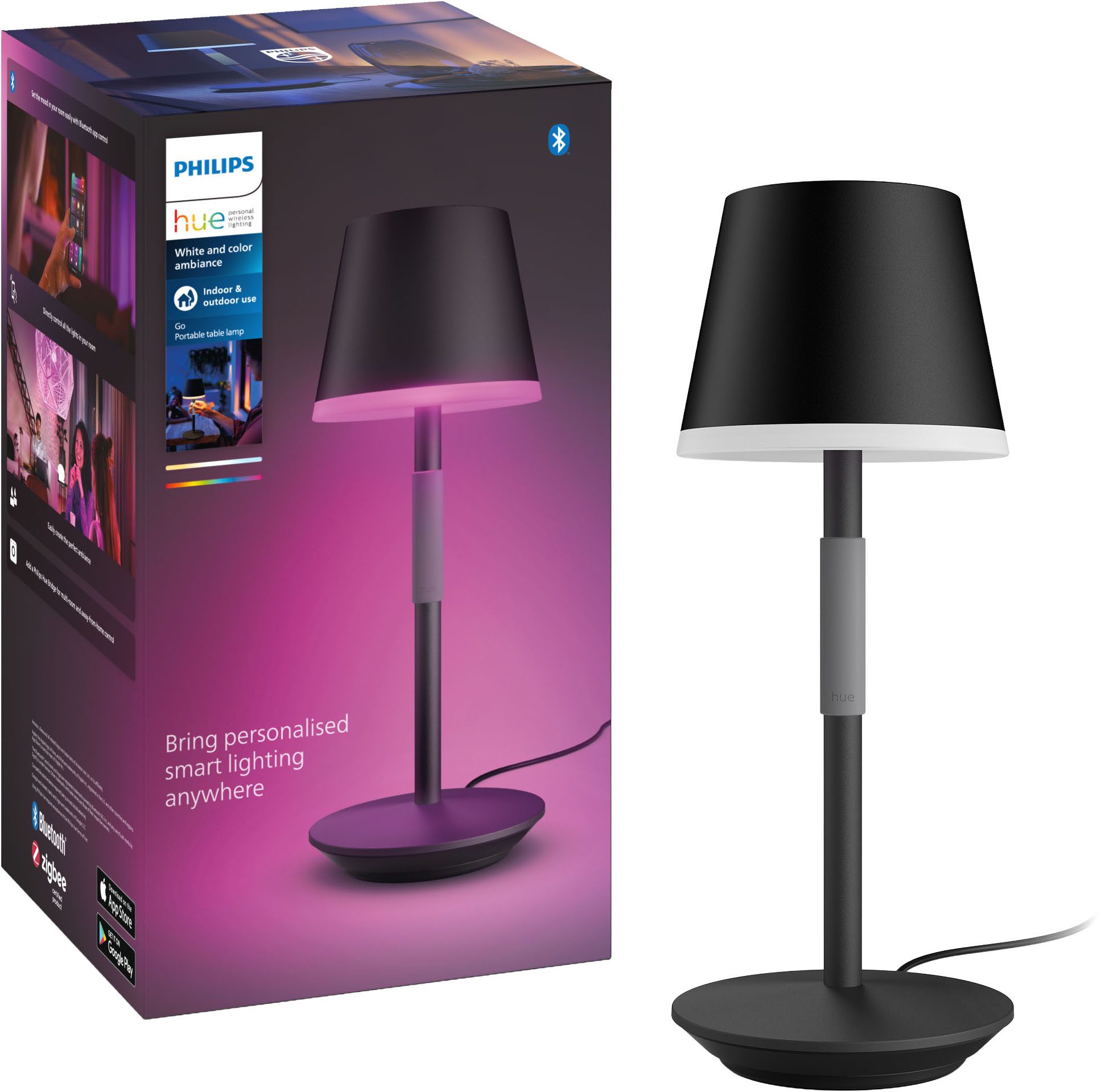 Philips Hue Smarte LED-Leuchte White & Color Ambiance Go Tragbare Tischleuchte schwarz, Abschaltautomatik, Bluetooth, CCT - über Fernbedienung, Dimmfunktion, Farbsteuerung, Farbwechsel, Leuchtdauer einstellbar, Memoryfunktion, Nachtlichtfunktion, RGB, Smart Home, Timerfunktion, dimmbar über Fernbedienung, erweiterbar, mehrere Helligkeitsstufen, LED wechselbar, RGB, Indoor und Outdoor
