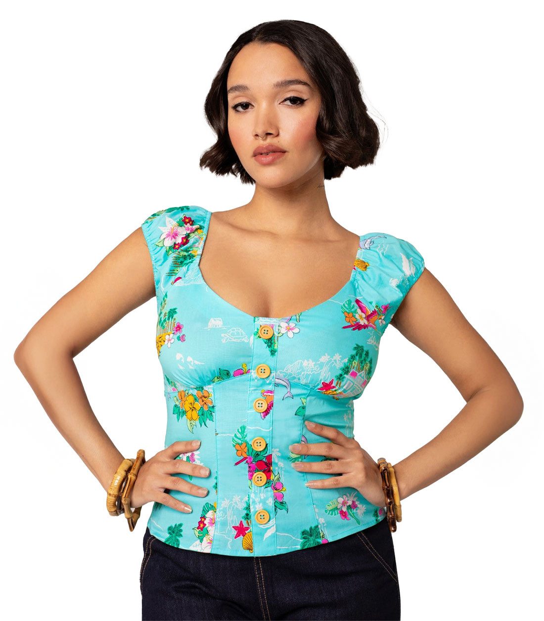 Hell Bunny Shirttop Ayanna Aqua Tropisch Insel Villa Blumen Paradies Strand günstig online kaufen