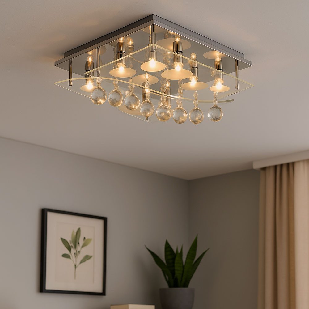 Esto Deckenleuchte, Leuchtmittel nicht inklusive, Deckenleuchte Chrom Beleuchtung Kristall Glas Wohnzimmer quadratisch