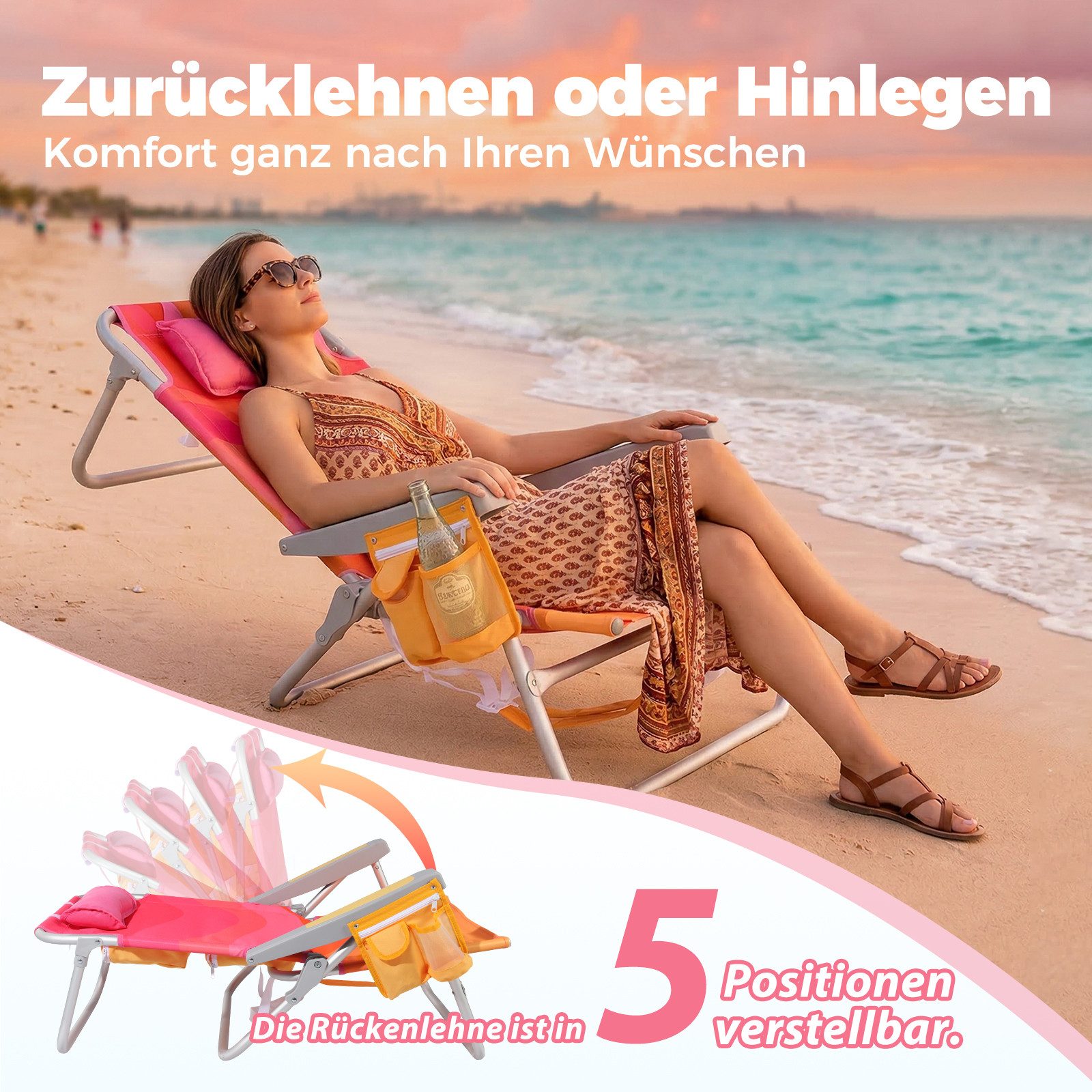 HOMECALL Klappstuhl Strandstuhl Leicht Klappbar Camping, 5-fach verstellbare Rückenlehne (Bis150KG Aluminiumrahmen, groBe Kuhitasche und Aufbewahrungstasche, 2  – Bild 3 von 5