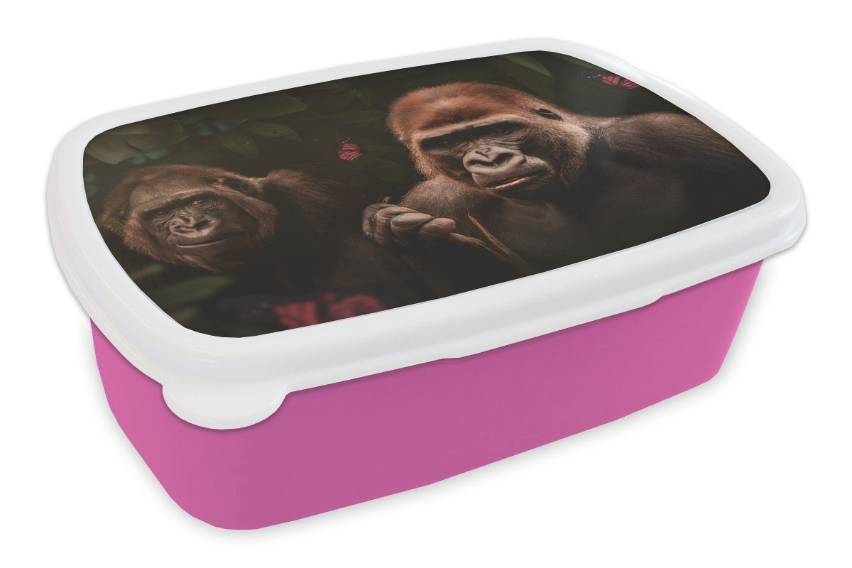 MuchoWow Lunchbox Gorilla - Dschungel - Pflanzen - Schmetterling, Kunststoff, (2-tlg), Brotbox für Erwachsene, Brotdose Kinder, Snackbox, Mädchen, Kunststoff rosa