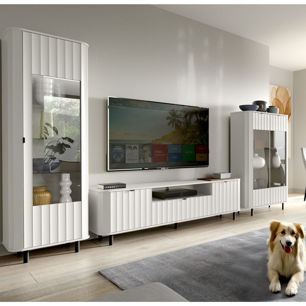 Lomadox Wohnzimmer-Set NASHVILLE-161, (Mega-Spar-Set, 3-St., Vitrine Lowboard Highboard), Wohnzimmer-Set in Weiß, mit Wellen-Optik, modern