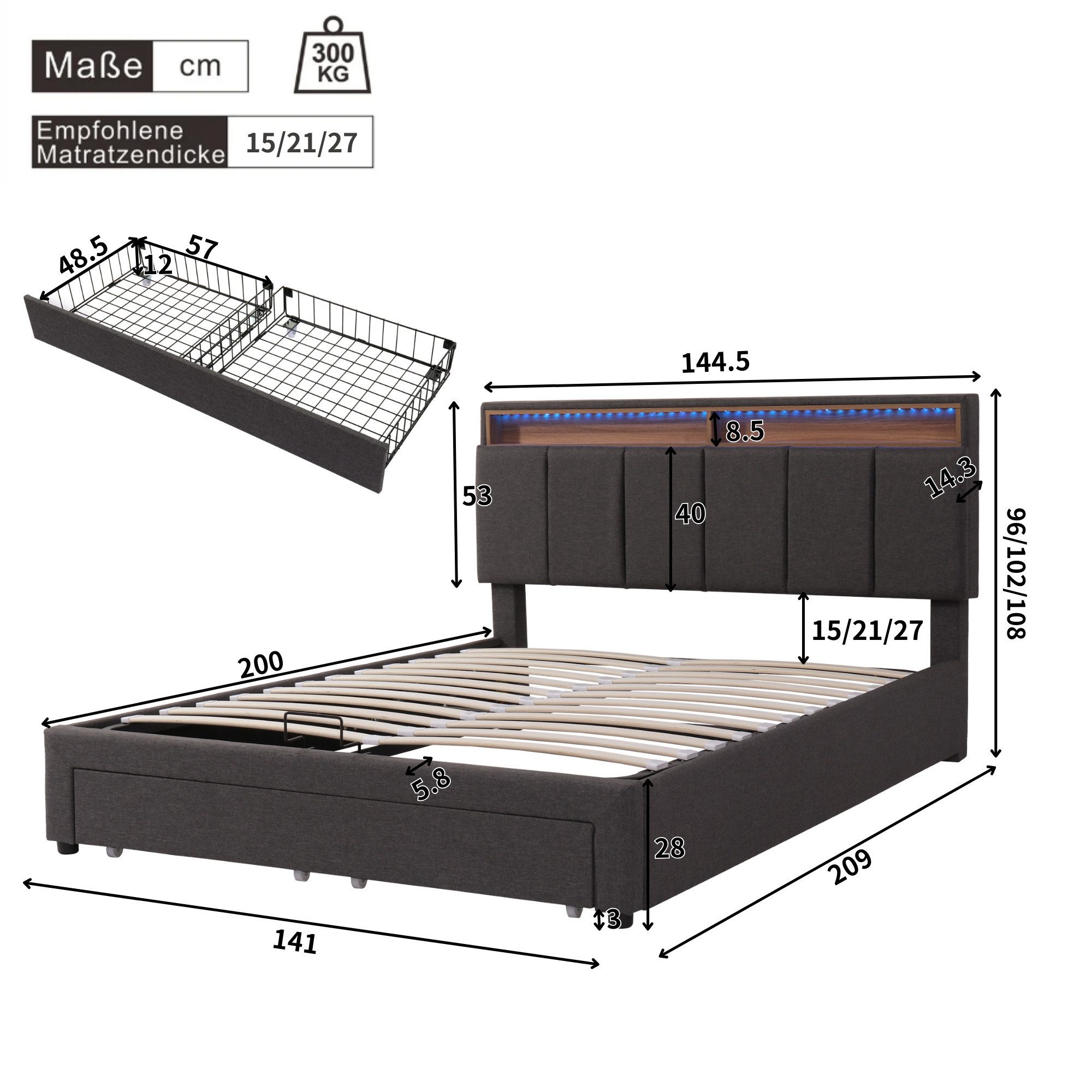 Flieks Polsterbett, LED Hydraulisches Doppelbett mit Schubladen 140x200cm Leinen
