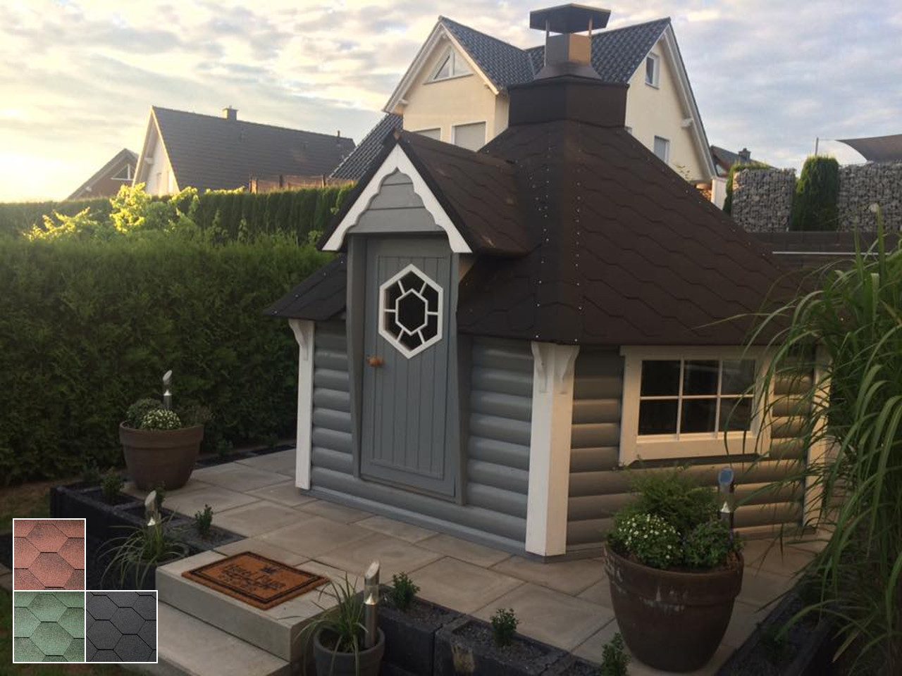 Finn Art Blockhaus Grillkota Grillpavillon 6-eckig Elegance 9,2 mit 1,8m Anbau max. 12 Personen, BxT: 377x515 cm, mit Grillanlage, mit 18 mm Fußboden