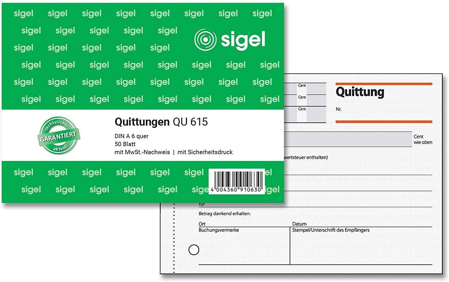 Formularblock sigel Formularbuch "Quittung", mit MwSt.-Nachweis, A6 quer