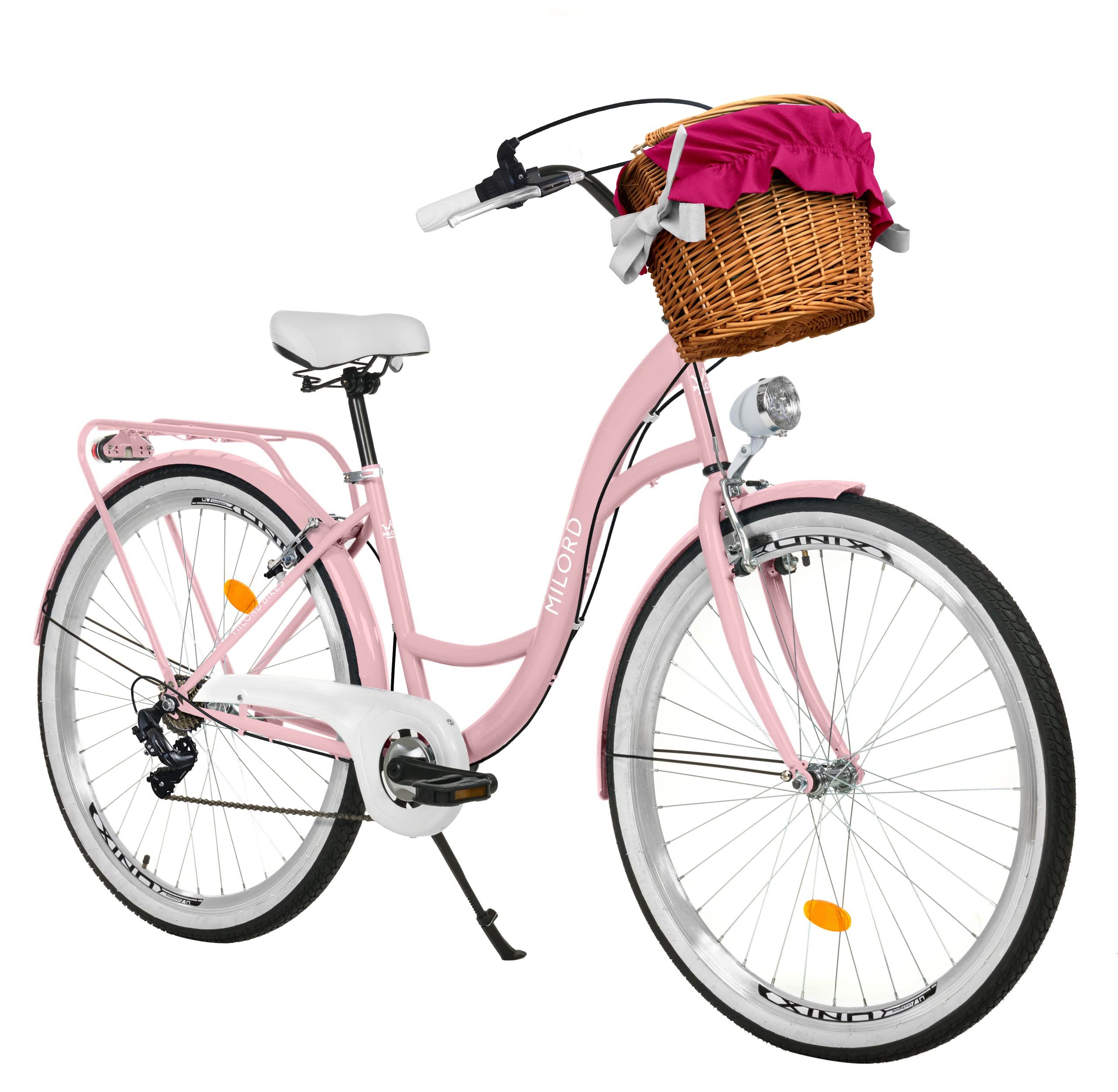 Milord Cityrad Milord City Fahrrad Weidenkorb Damenfahrrad, 28/26 Zoll, Rosa, 7-Gang, 7 Gang, (Fahrradständer, Gepäckträger, Klingel, Korb, Kotflügel)