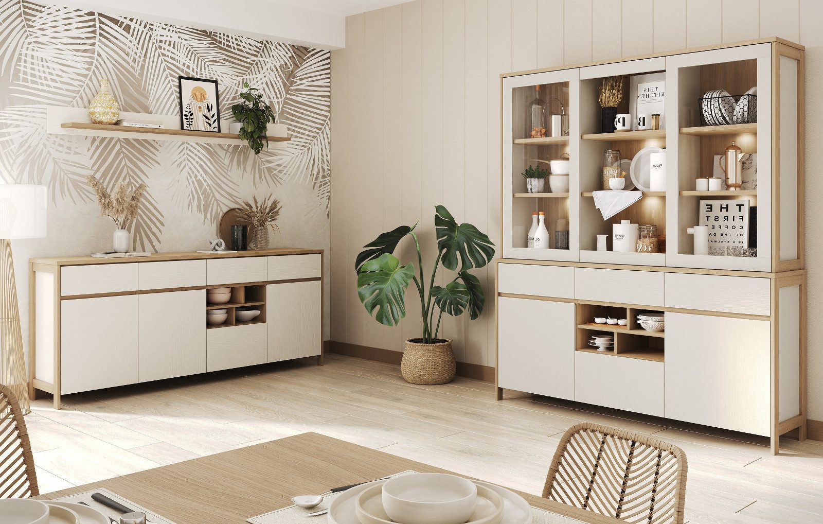 Furn.Design Buffet Finnes (Buffetschrank in Eiche Weiß und Eiche Natur, 164 x 195 cm) 18 Fächer, Soft-Close-Funktion