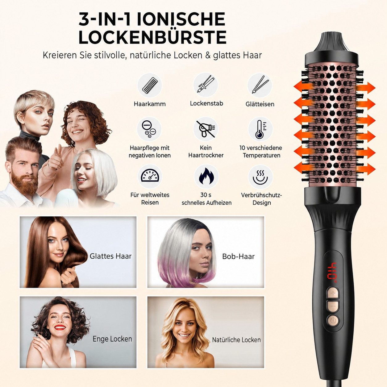 UKLISS Elektrohaarbürste Ionen-Thermobürste 38 mm, Turmalin-Keramik Rundheizbürste, 3-in-1 Stylingbürste zum Glätten, Locken & Volumen erzeugen