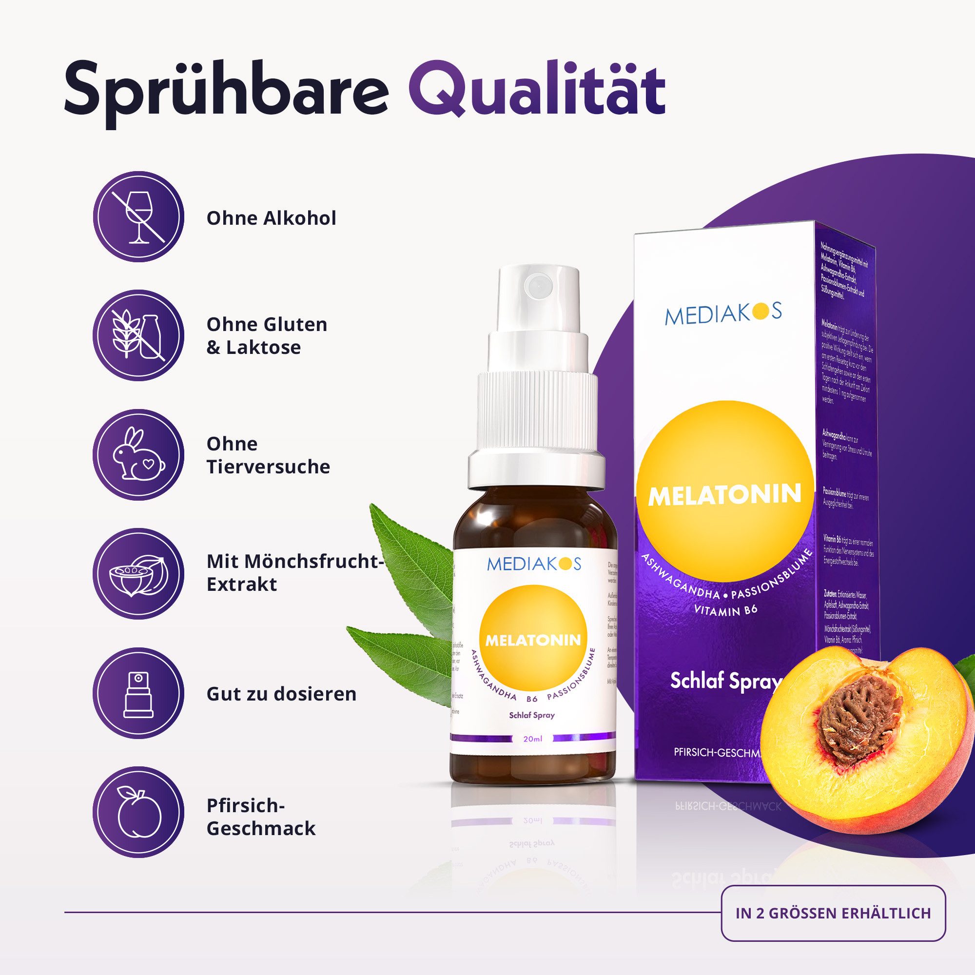 Mediakos Mediakos Melatonin Ashwagandha Schlaf Spray, mit Vitamin B6 und Passionsblume – schneller einschlafen, besser durchschlafen – Vegan à 60 ml