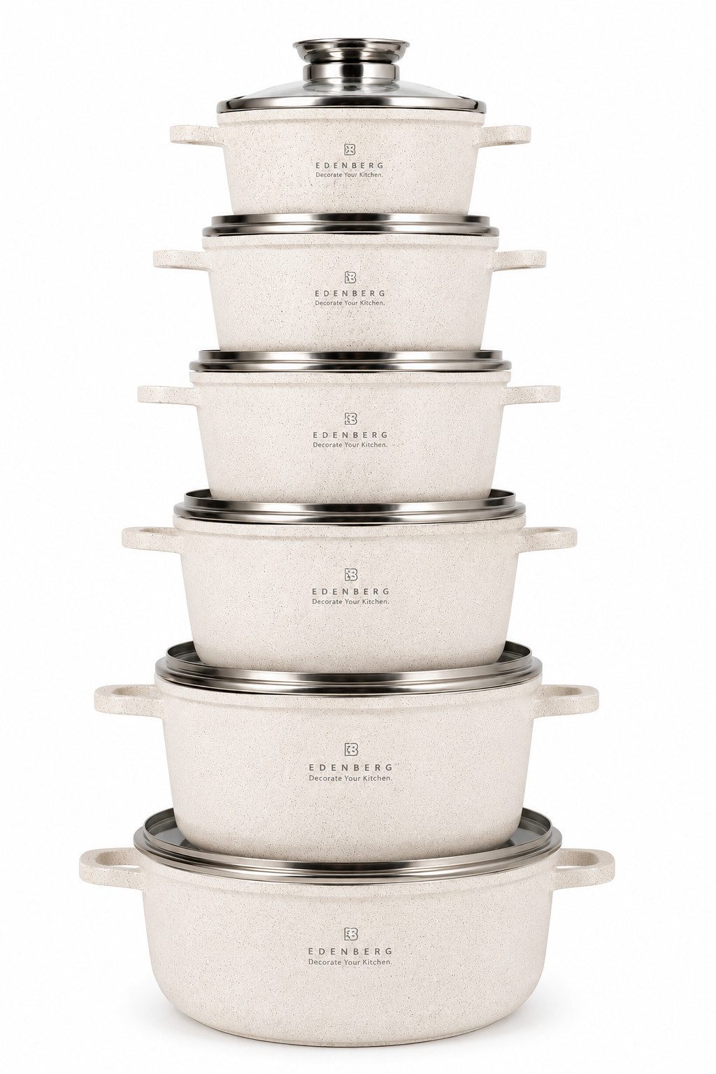 Edenberg Topf-Set Wunderschönes Set beigefarbener Töpfe in 6 verschiedenen Größen, Keramik, Aluminium, Edelstahl, Aluminiumguss (Bringen Sie Eleganz, Komfort und professionelle Kochergebnisse in Ihre Küche und genießen Sie mit diesem hochwertigen Kochtopfset jeden Tag noch mehr Freude am Kochen., 12-tlg)