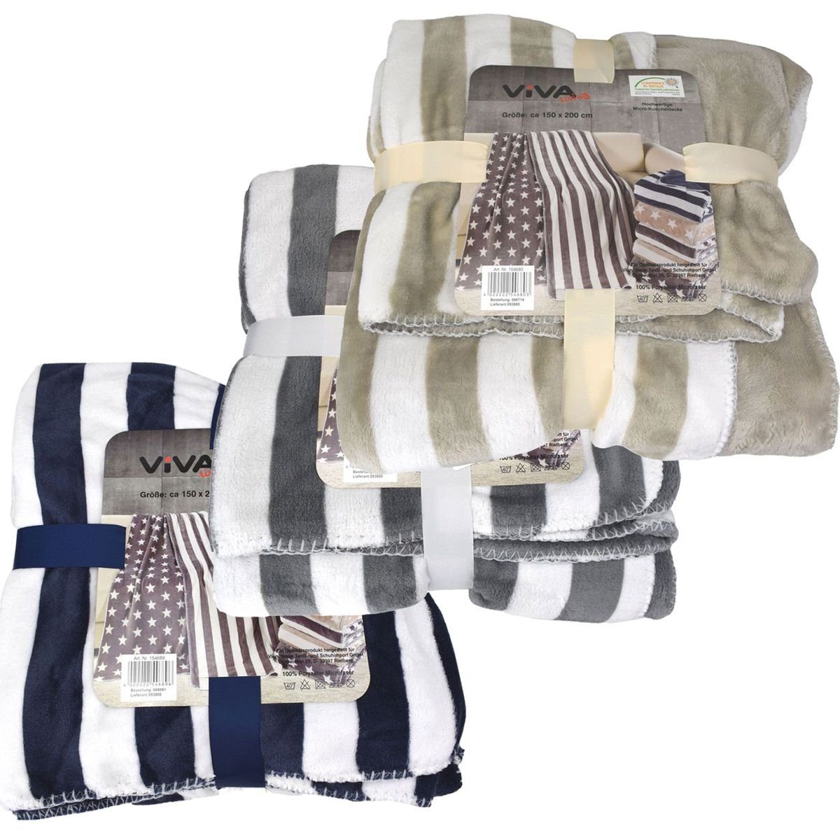 Wohndecke Kuscheldecke aus Mikrofaser 150 x 200 cm mit Streifen Motiv Decke, VIVA, verschiedenseitig