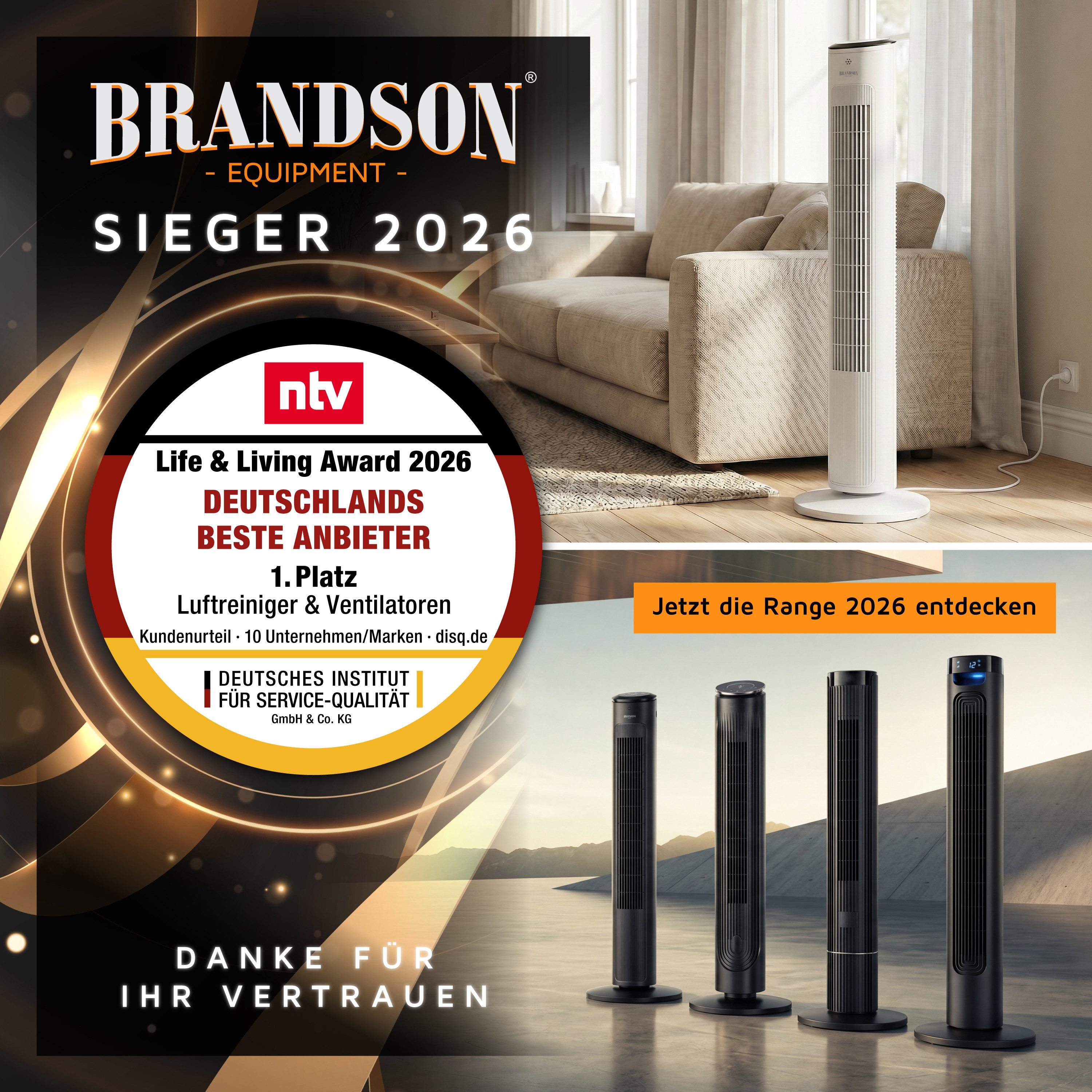 Brandson Turmventilator mit Fernbedienung, DC Motor, sehr leise, Schlaf Modus, Oszillation, Sieger Life&Living Award 2026, 12 Geschwindigkeitsstufen, Lüfter