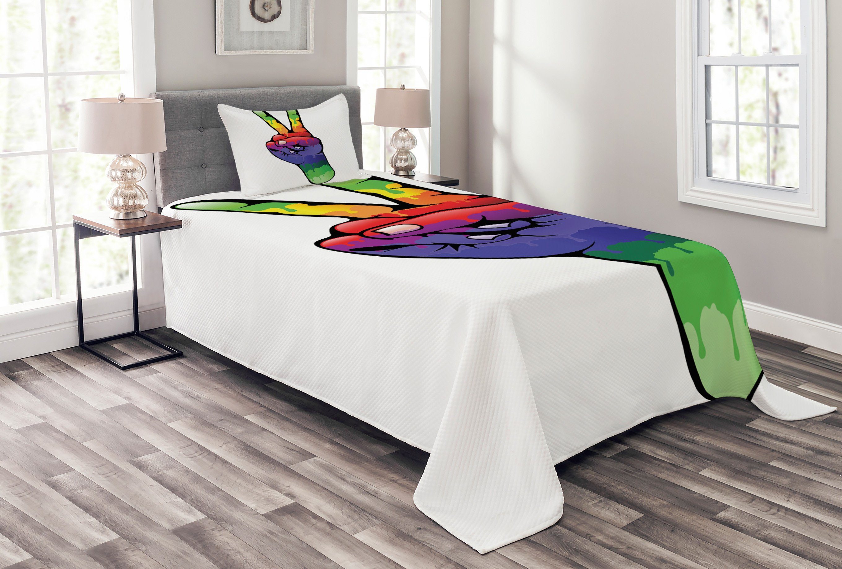 Tagesdecke Set mit Kissenbezügen Waschbar, Abakuhaus, Bunt Liebe in Regenbogen-Farben