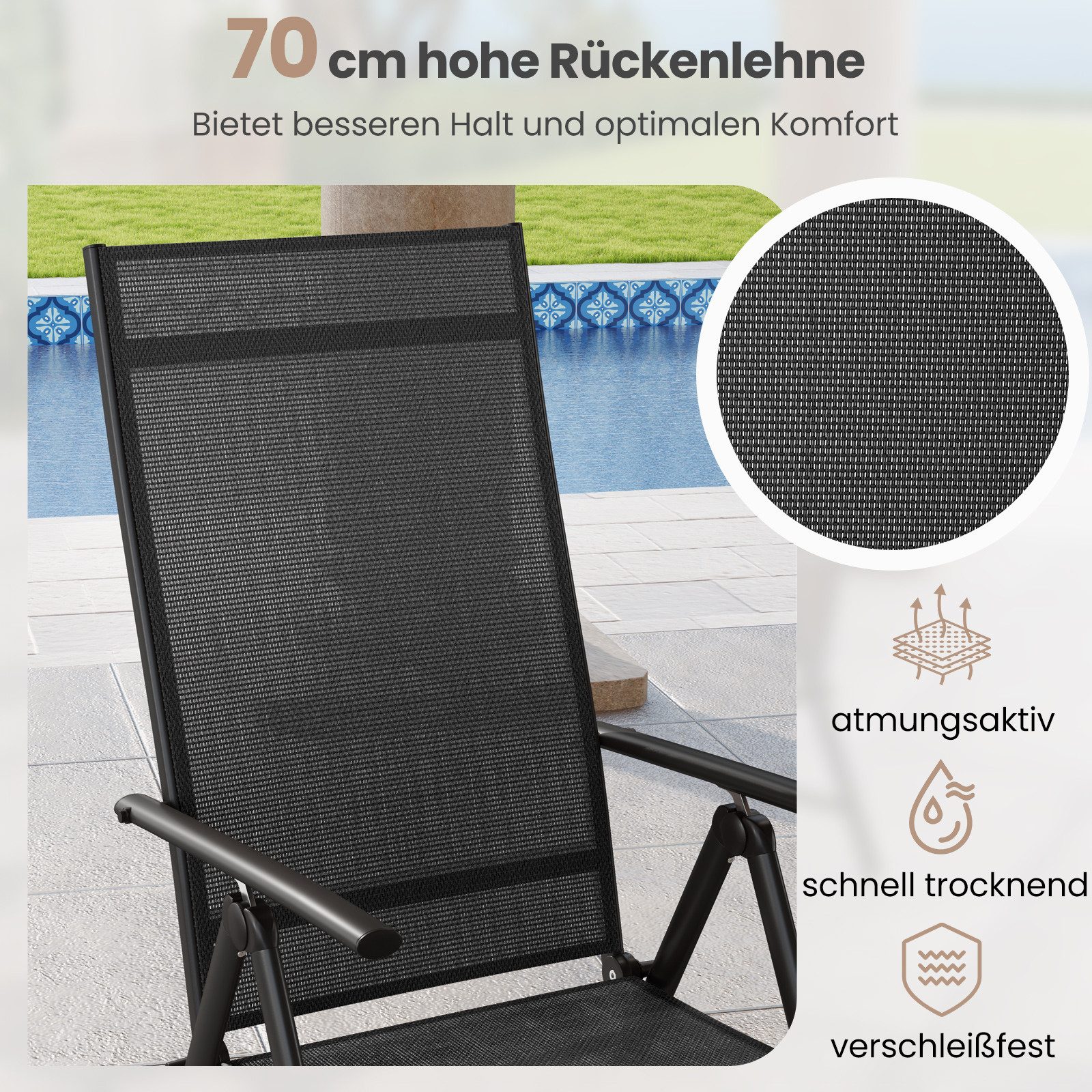 KOMFOTTEU Gartenstuhl (1 St), Klappstuhl mit Hochlehner 7-Fach verstellbar & Armlehnen