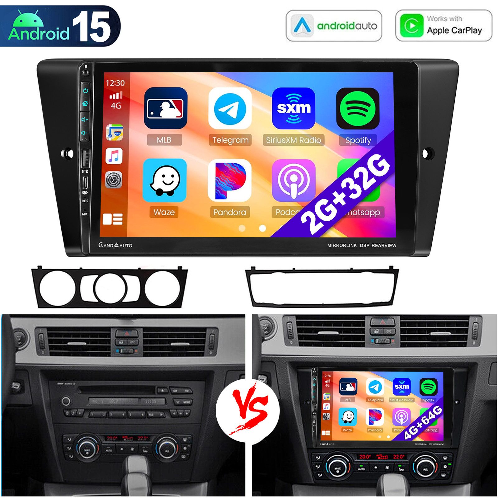 ESSGOO Für BMW 3ER E90 E91 E92 E93 Carplay RDS Android 15 Autoradio GPS Navi Autoradio (RDS, 4+64GB(optional), DAB (optional), FM, AM, DAB+ (optional), Carplay Android Auto Bluetooth EQ USB GPS Navi WIFI Touchscreen)