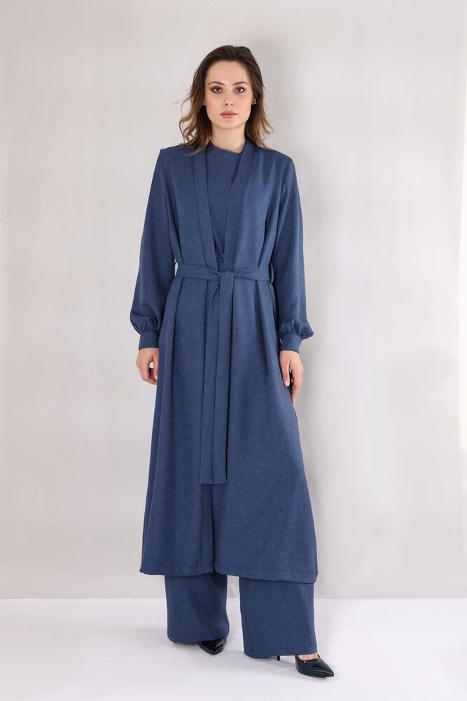 fashionshowcase Blusenkimono Langer Damen Cardigan in Leinenoptik mit Gürtel Langärmlig, Oversize Schnitt
