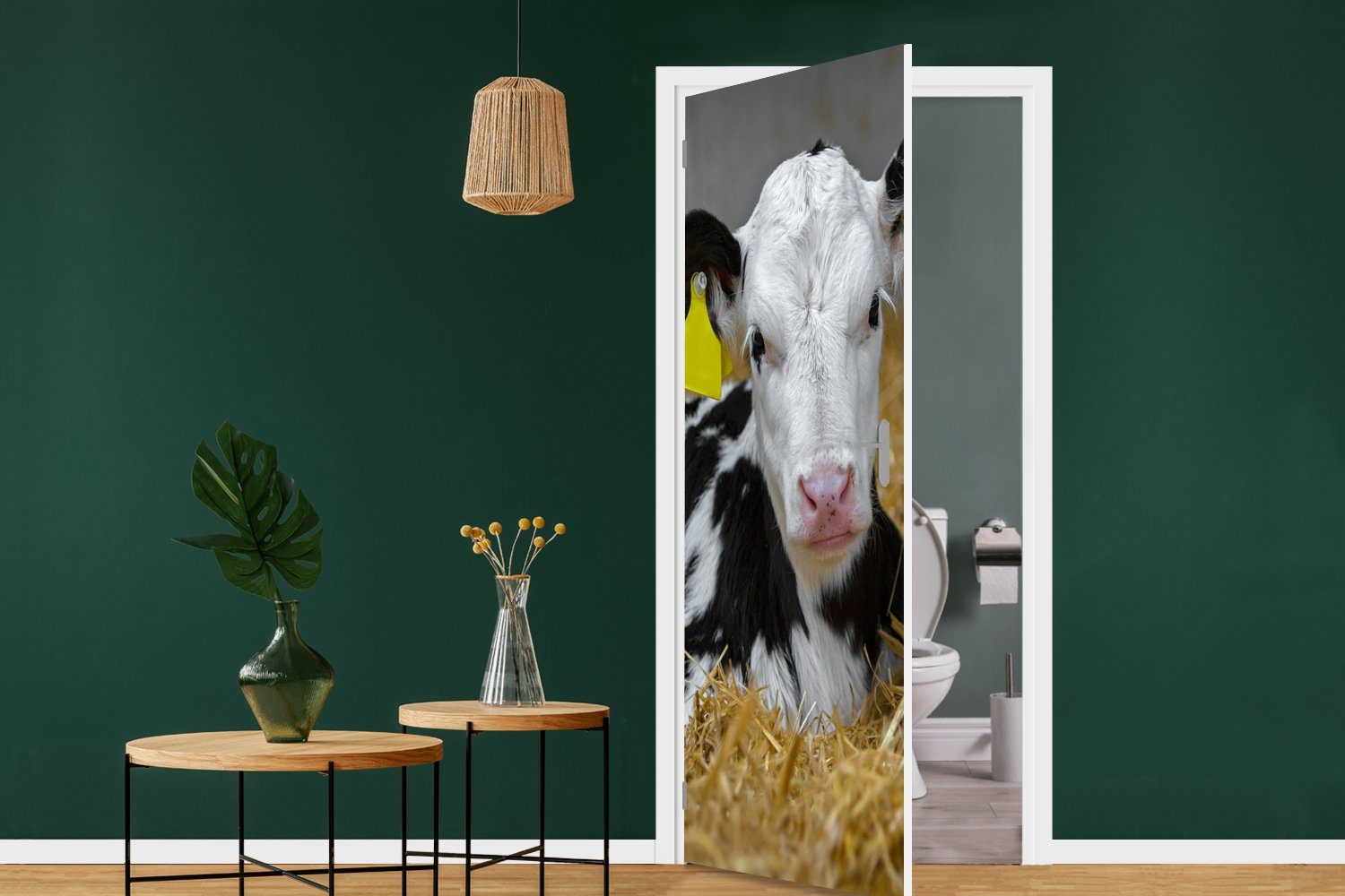 MuchoWow Türtapete Kuh - Stroh (1 Kalb Tier, - Tür, Fototapete - Matt, Türaufkleber, 75x205 bedruckt, für cm St)