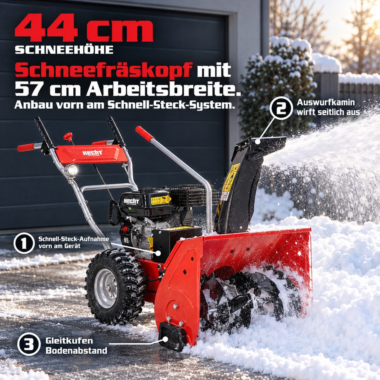 Hecht Benzin-Kehrmaschine 8616 SE mit Auffangbehälter, Schneeschild, Schneefräse, 62 cm Arbeitsbreite, (4-tlg), Elektrostart, 6,5 PS. 230V – Bild 5 von 5