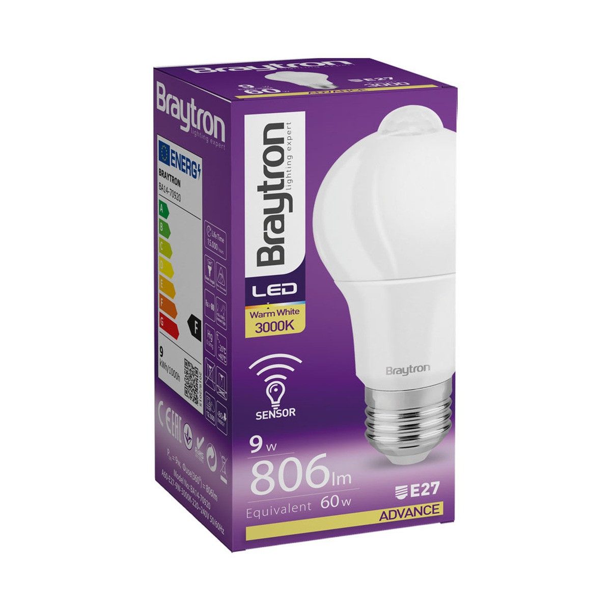 Braytron LED-Leuchtmittel E27 LED 9W Glühbirne Birne mit Bewegungssensor Bewegungsmelder PIR, E27, Warmweiß, Bewegungsmelder, Sensor, Langlebig – Bild 3 von 5
