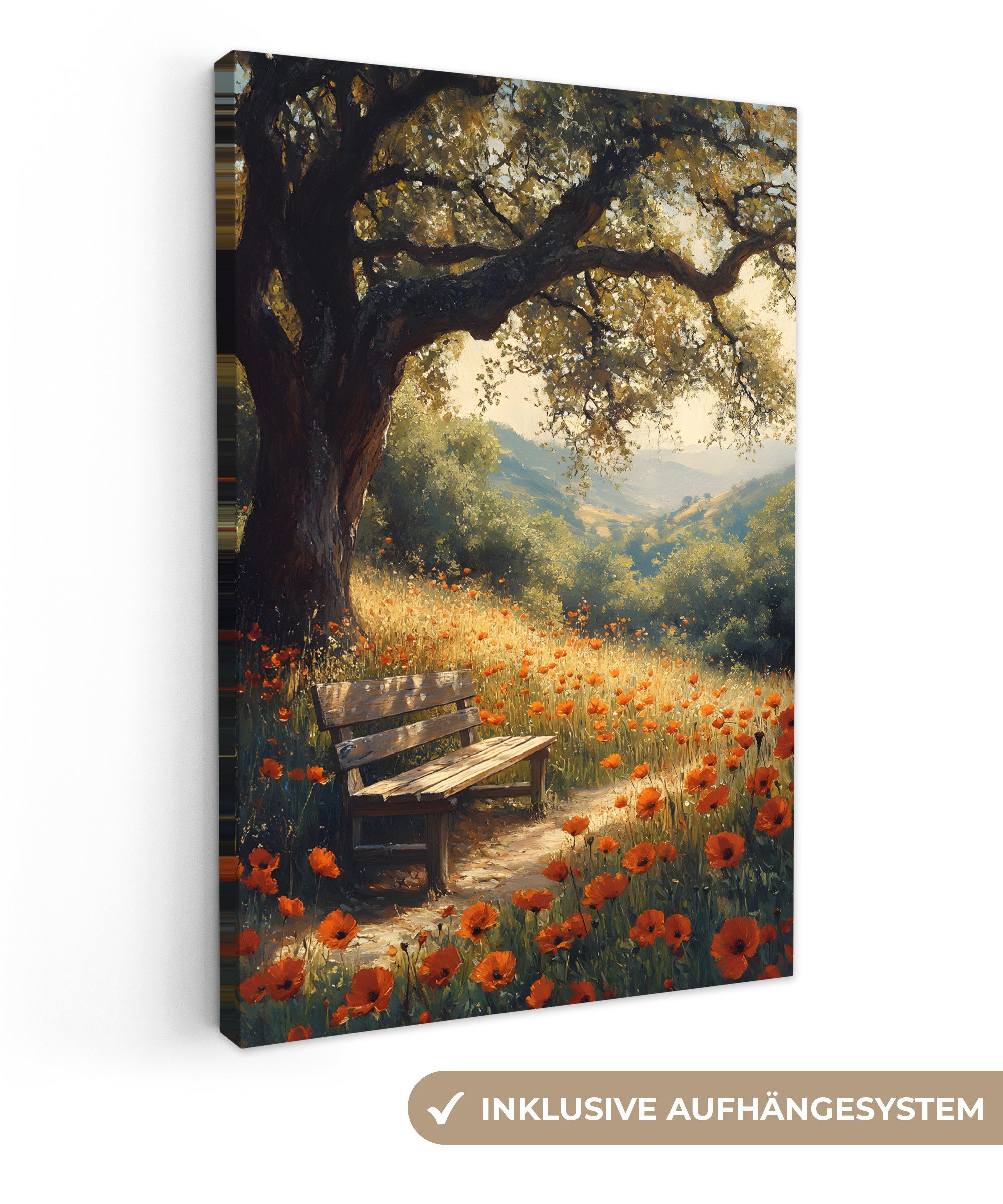 OneMillionCanvasses® Leinwandbild Bank - Baum - Mohnblumen - Hügel, Fotodru günstig online kaufen