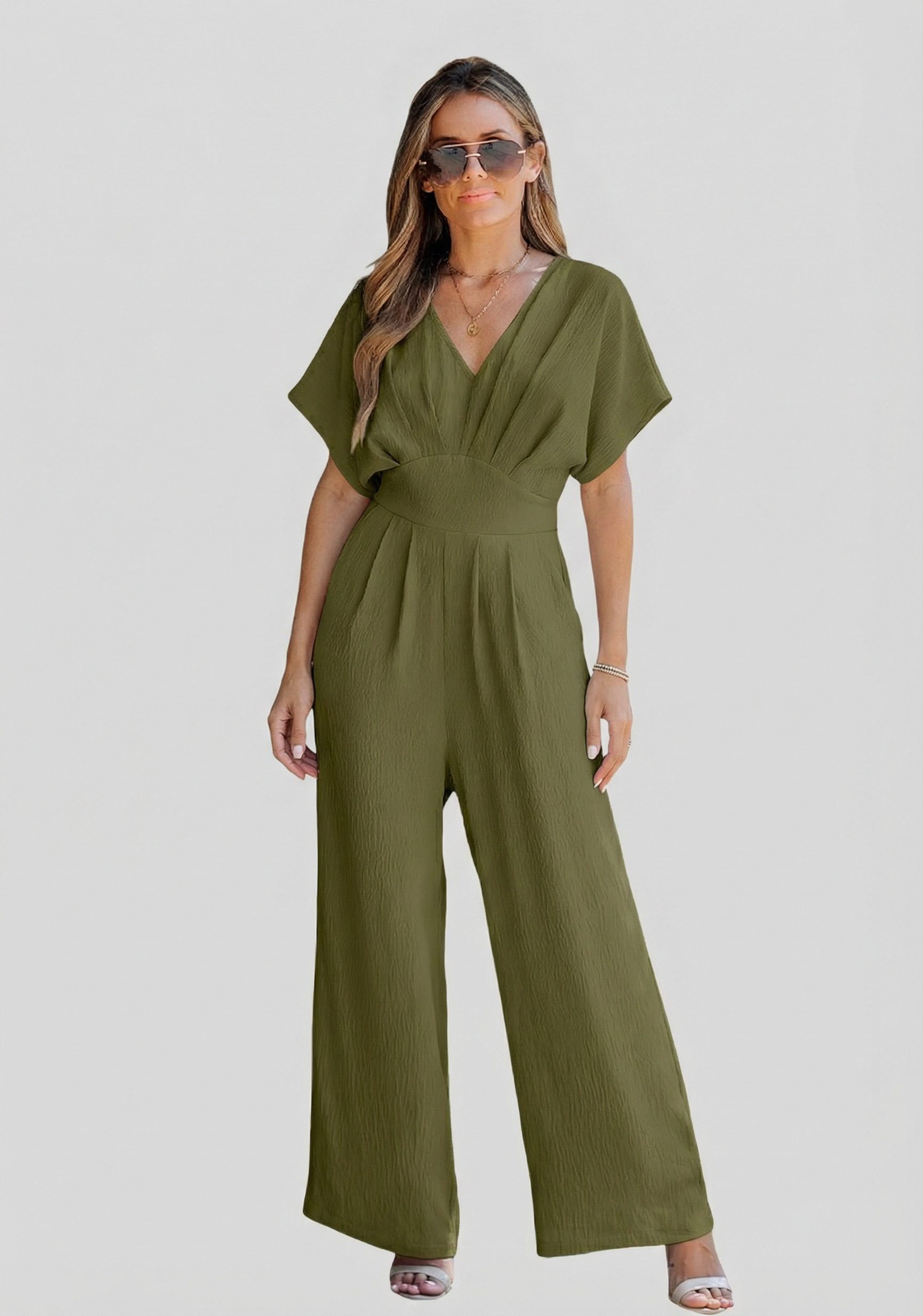 Cupshe Jumpsuit V-Ausschnitt Fledermausärmel weites Bein