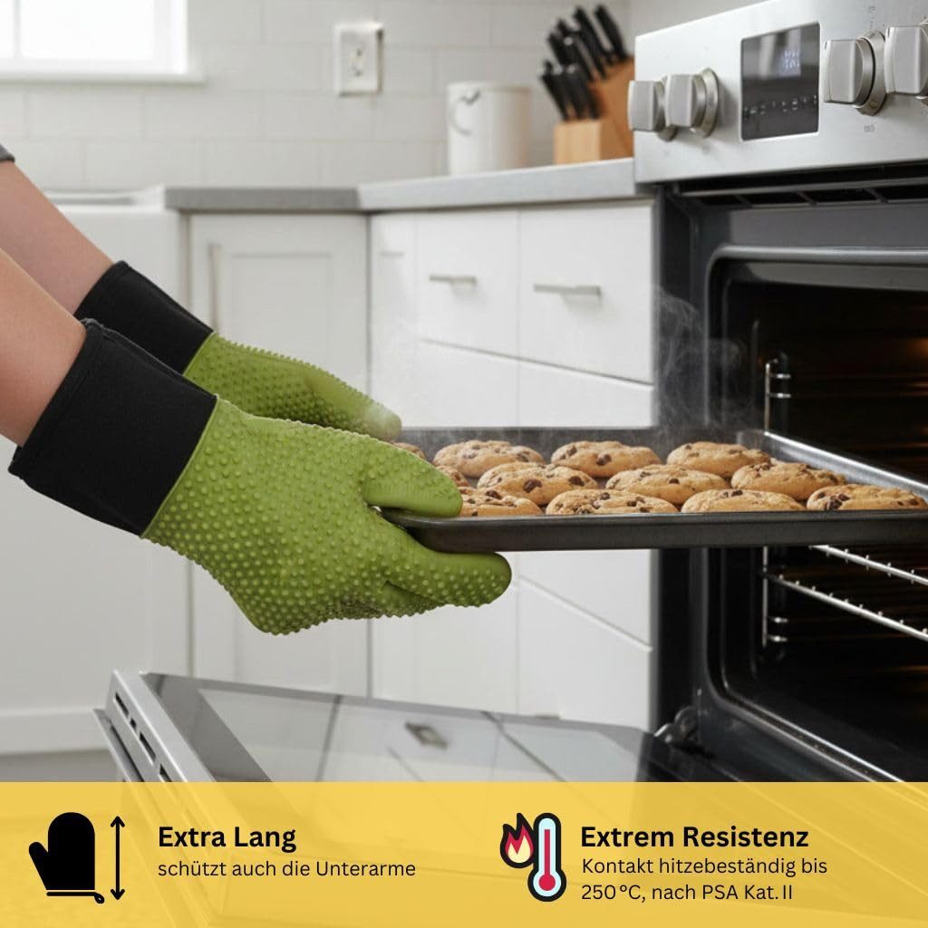 Fire Stone Grillhandschuhe, Silikon Ofenhandschuhe, 1 Paar, hitzebeständig bis 250°C, mit Fingern, 34x20 cm