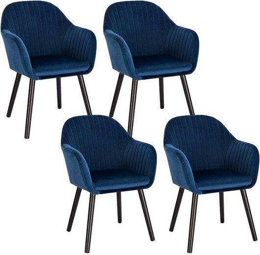 Woltu Esszimmerstuhl (4 Stück), 4er-Set Küchenstuhl Wohnzimmerstuhl Polsterstuhl Design Stuhl mit Armlehne Samt Massivholz Schwarze Beine Blau