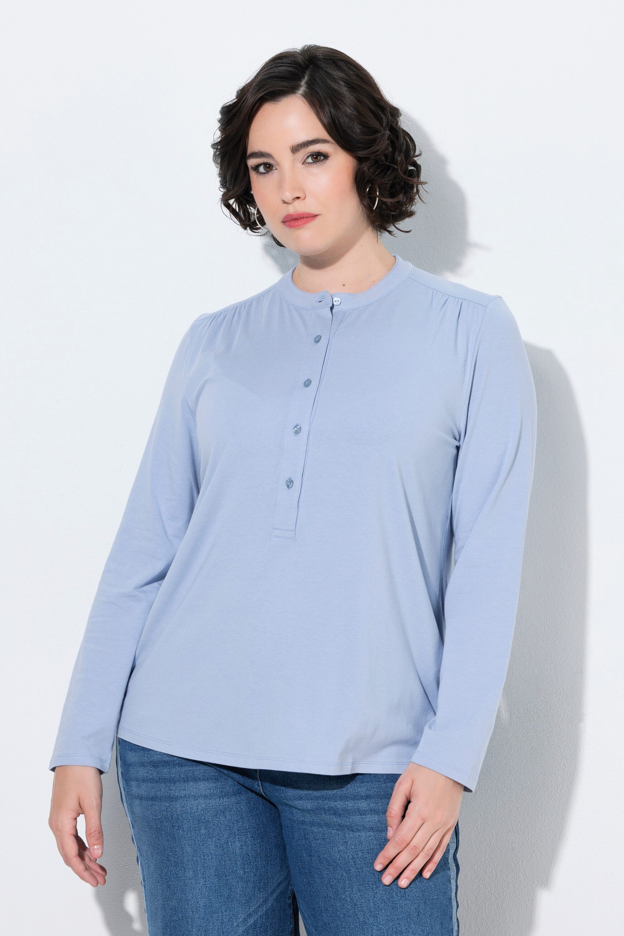 Ulla Popken Longsleeve Shirt Knopfleiste Classic Stehkragen Langarm