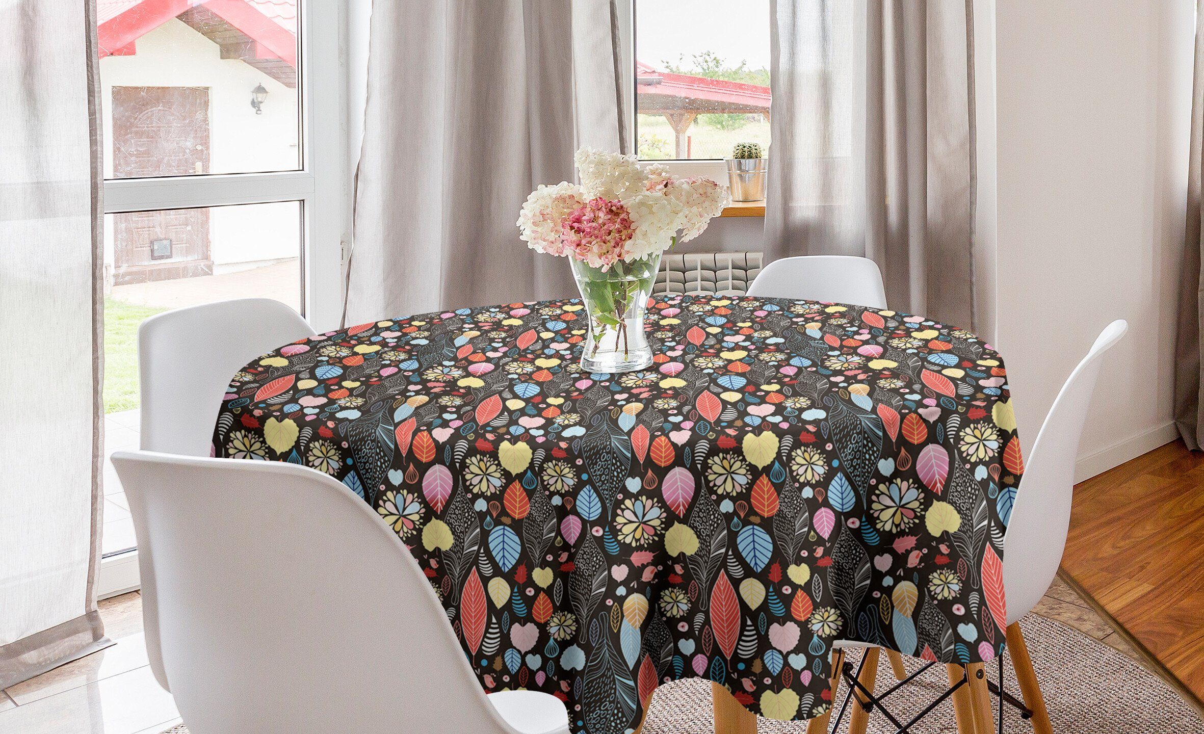 Abakuhaus Tischdecke Kreis Tischdecke Abdeckung für Esszimmer Küche Dekoration, Blätter Vögel Laub Blumen