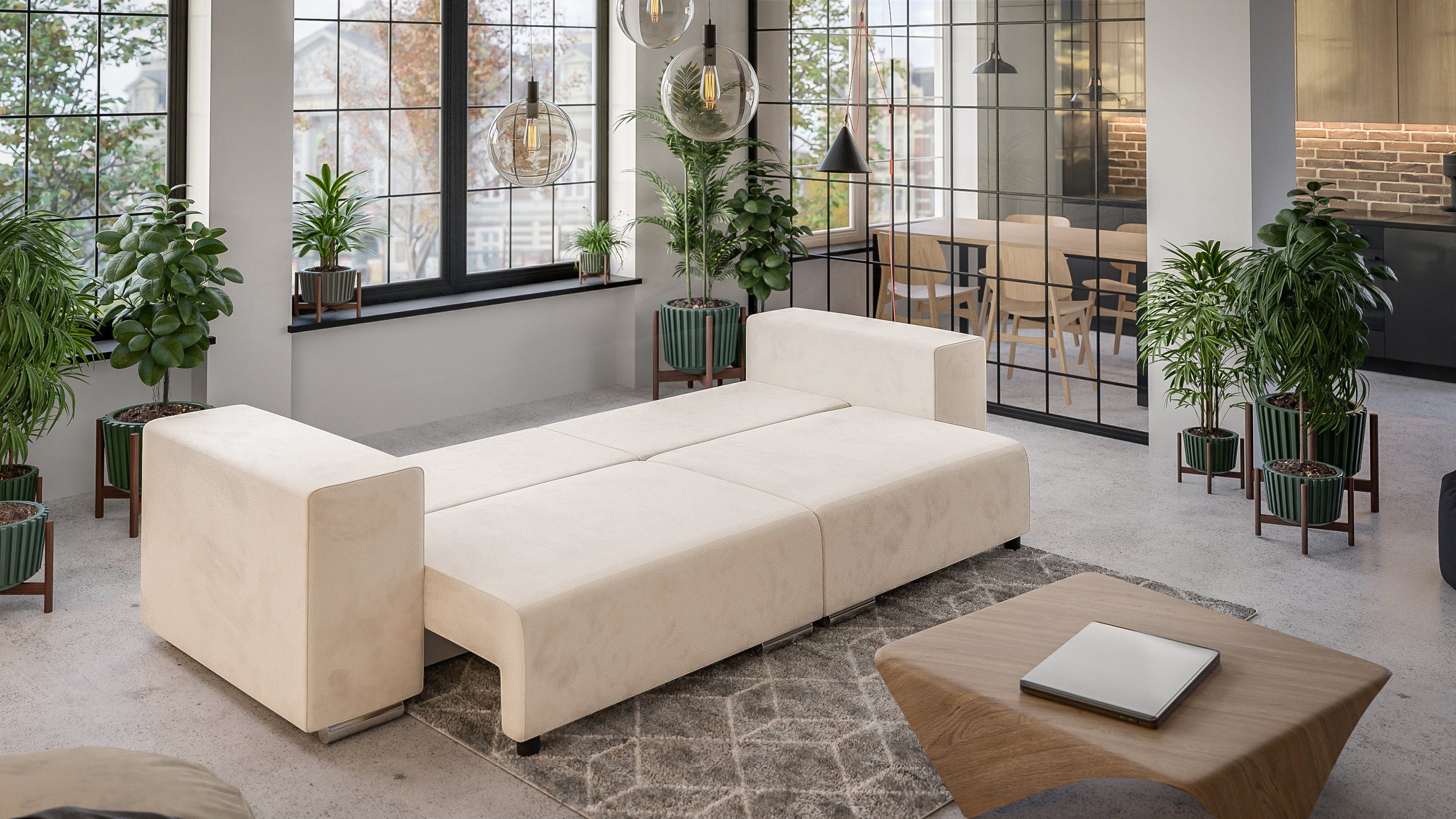 S-Style Möbel Big-Sofa Cork mit 5-Sitzer Schlaffunktion, Wellenfederung Beige mit